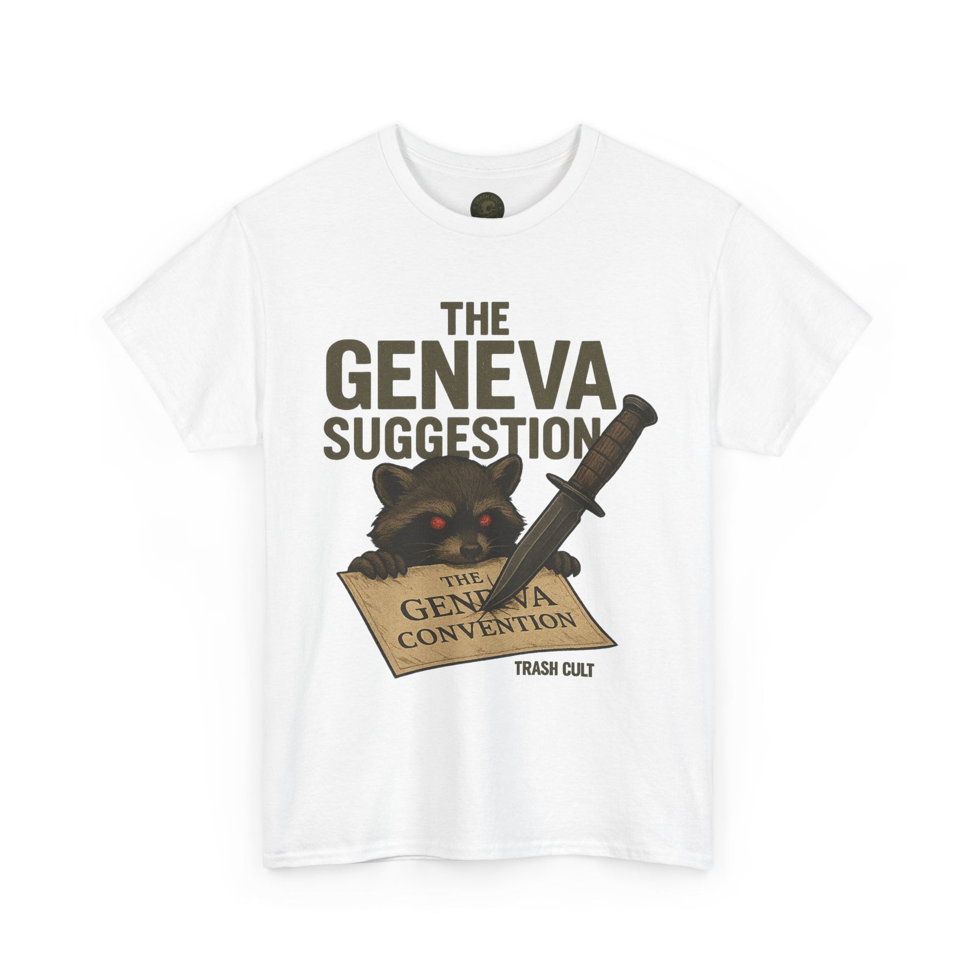 The Geneva Suggestion T-Shirt – Tactical Raccoon Dark Humor Tee | Trash Cult Supply Co. | Gildan 5000