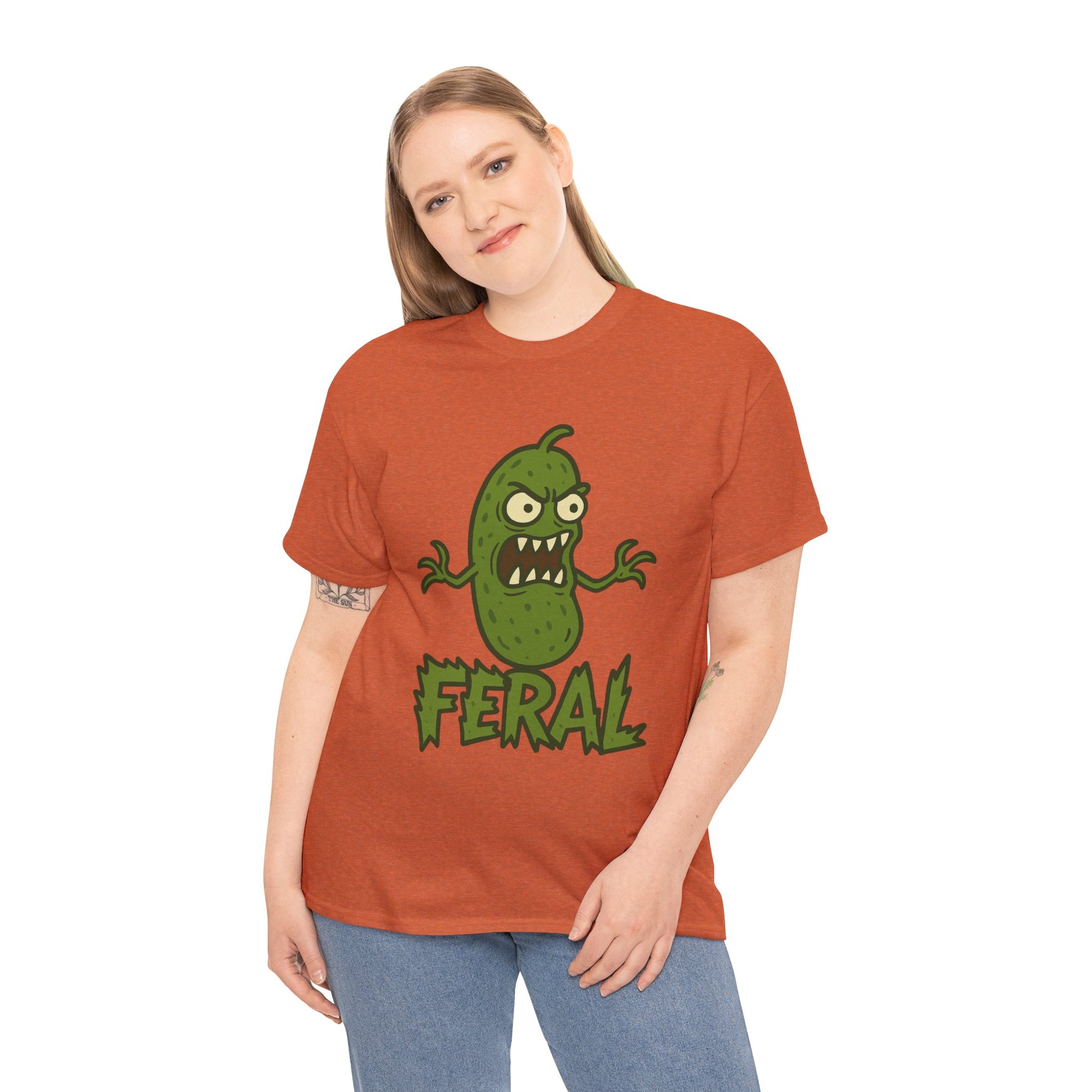 Feral Pickle Cartoon Tee – Trashcore Angry Pickle Shirt – Gildan 5000 Unisex Heavy Cotton