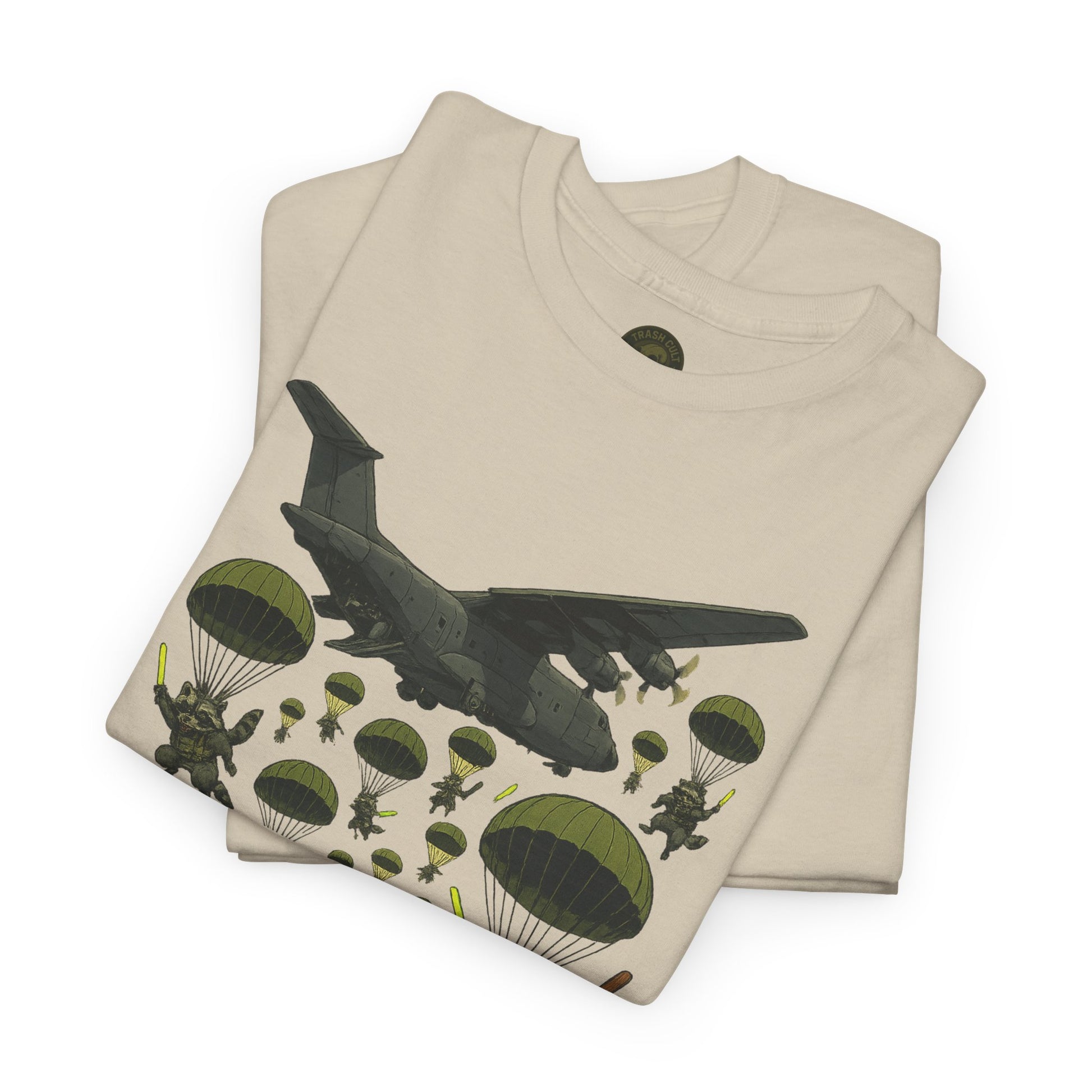 Deploy the Ferals T-Shirt – Airborne Raccoon Drop Graphic | Trash Cult Supply Co. | Gildan 5000 Heavy Cotton Tee