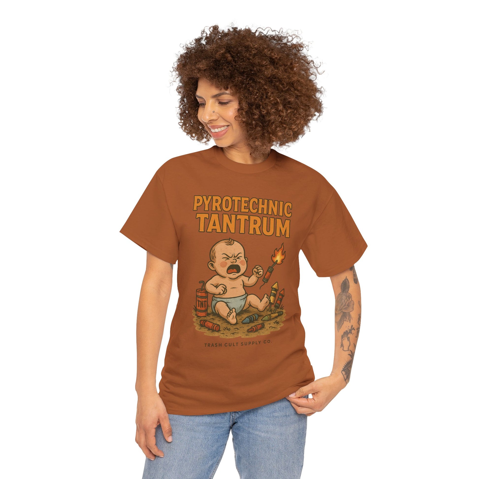 Pyrotechnic Tantrum T-Shirt – Explosive Baby Humor Graphic | Trash Cult Supply Co. | Gildan 5000 Tee