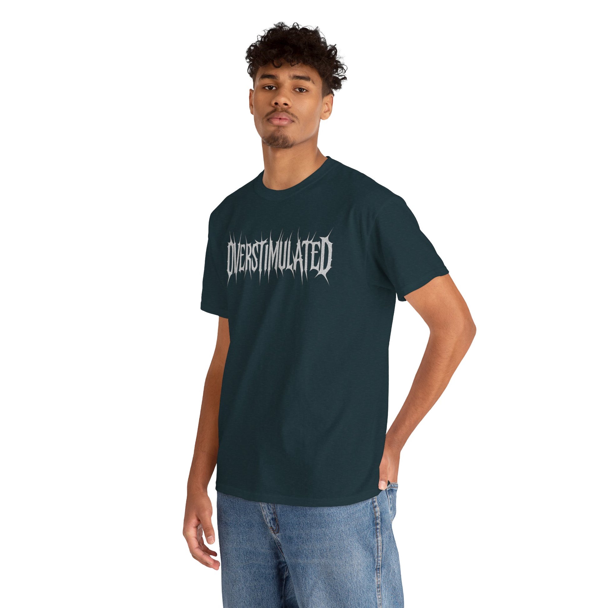 OVERSTIMULATED Metalcore Grunge Shirt – White on Black Distressed Font Tee