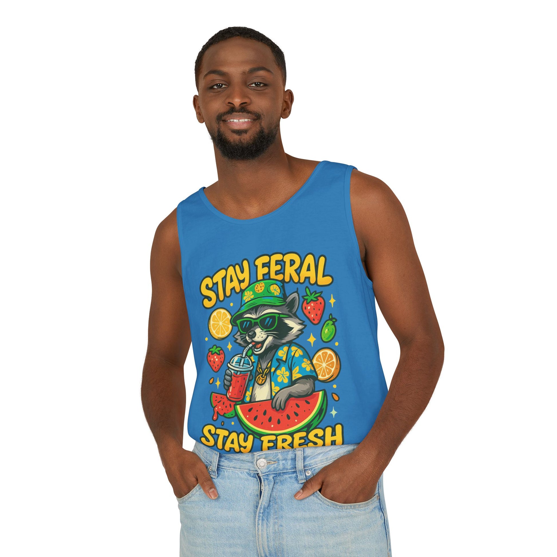 Stay Feral Stay Fresh Tank Top, Summer Apparel, Unisex Graphic Tee, Beachwear, Fun Gift for Animal Lovers