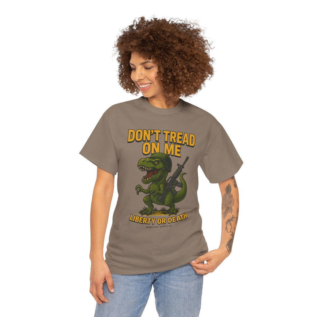 Don’t Tread On Me T-Rex T-Shirt – Liberty or Death Graphic | Trash Cult Supply Co. | Gildan 5000 Heavy Cotton