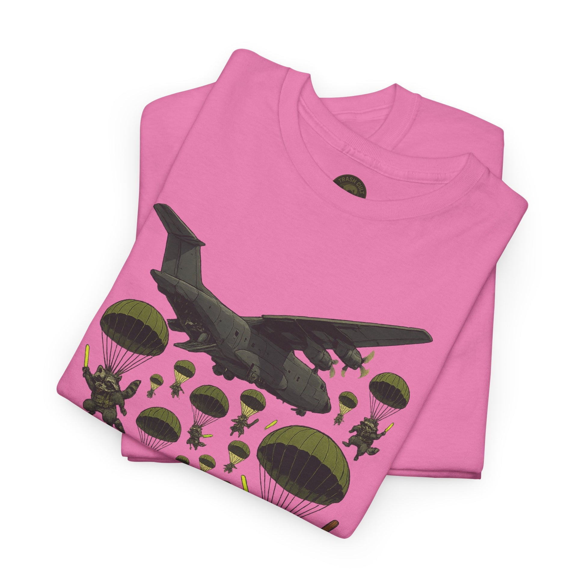 Deploy the Ferals T-Shirt – Airborne Raccoon Drop Graphic | Trash Cult Supply Co. | Gildan 5000 Heavy Cotton Tee