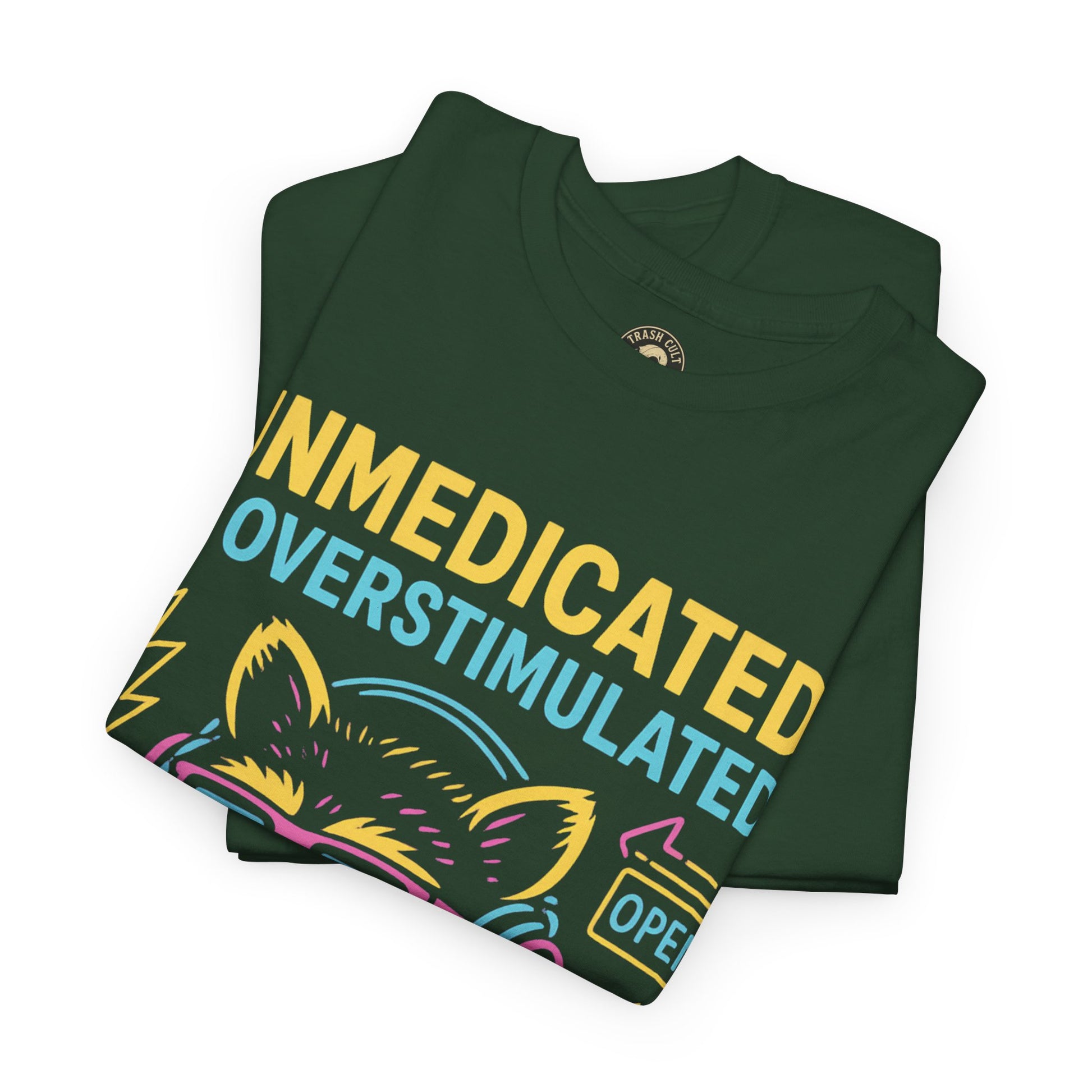 Unmedicated & Overstimulated Neon Raccoon ADHD Shirt – Trash Cult Supply Co. – Gildan 5000