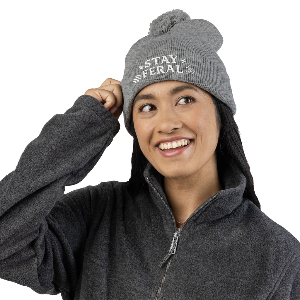 Stay Feral Pom-Pom Knit Cap, Cozy Winter Beanie, Embroidered Hats for Adventurers, Gift for Outdoorsy Friends, Stylish Cold Weather [...]
