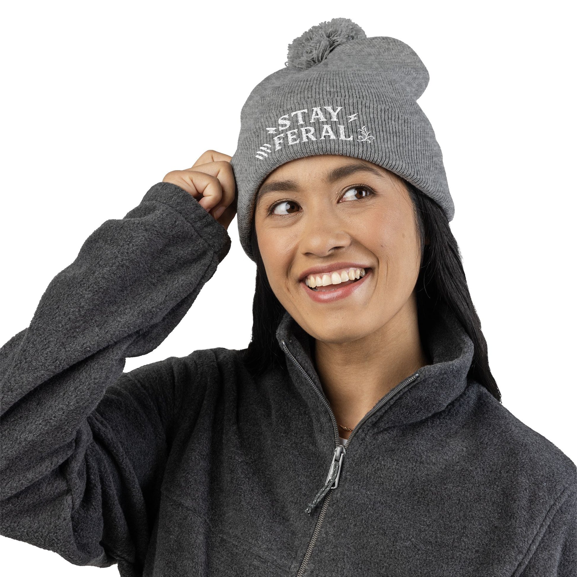 Stay Feral Pom-Pom Knit Cap, Cozy Winter Beanie, Embroidered Hats for Adventurers, Gift for Outdoorsy Friends, Stylish Cold Weather [...]