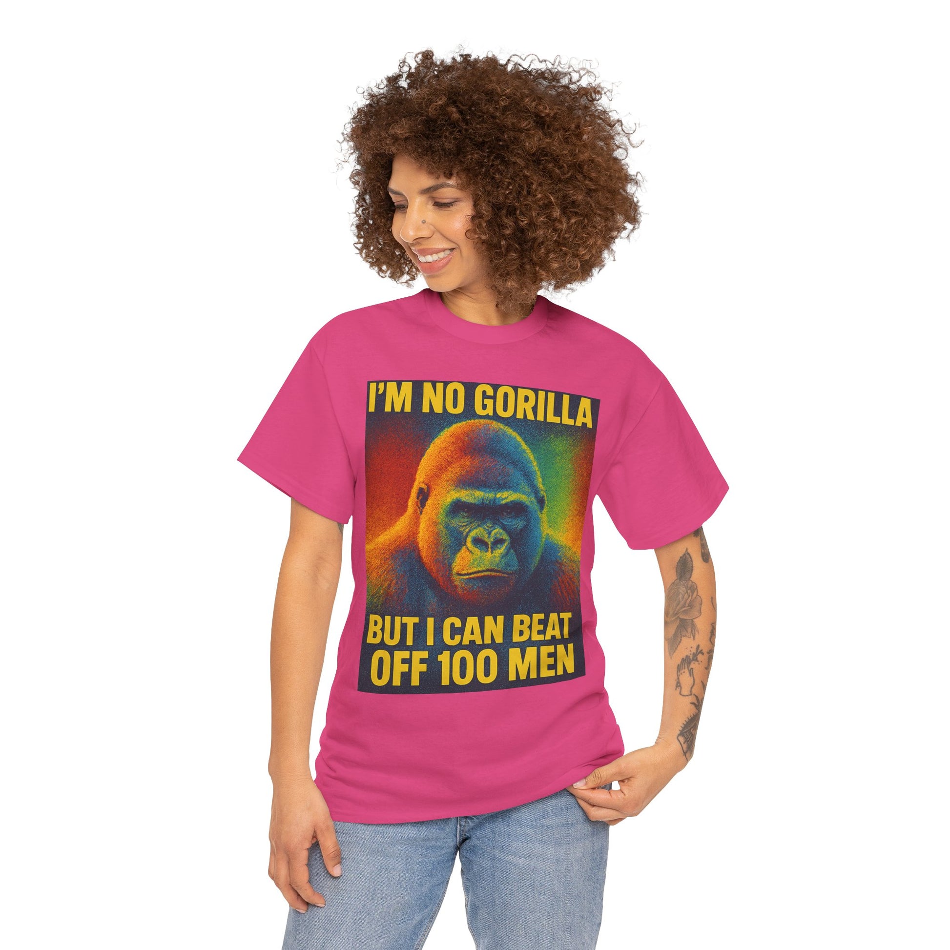 I’m No Gorilla But I Can Beat Off 100 Men Shirt – Multicolor Halftone Gorilla Tee on Gildan 5000