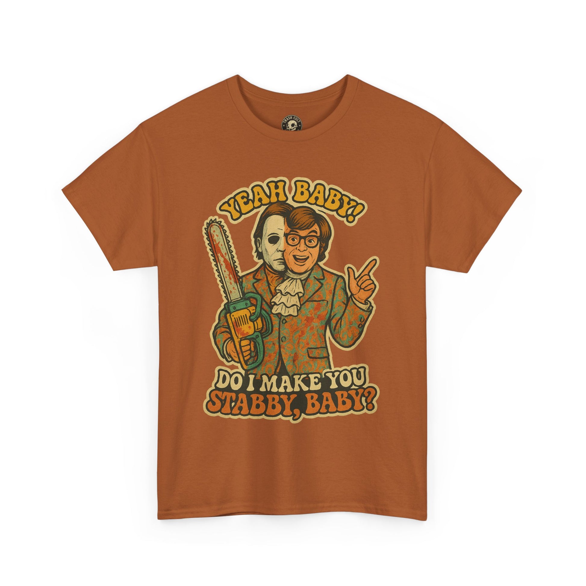 Mike Myers Parody Shirt – “Do I Make You Stabby, Baby?” Funny Horror Mashup Tee – Gildan 5000 Unisex