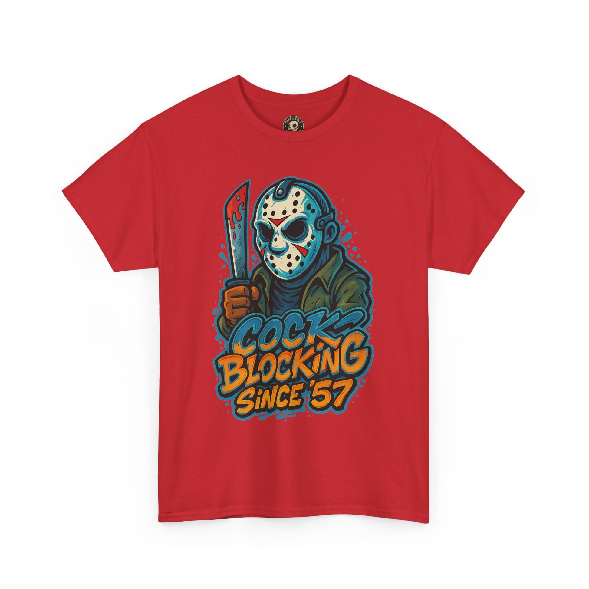 Jason Voorhees “Cock Blocking Since ’57” Funny Horror T-Shirt – Gildan 5000 | Slasher Meme Graphic Tee