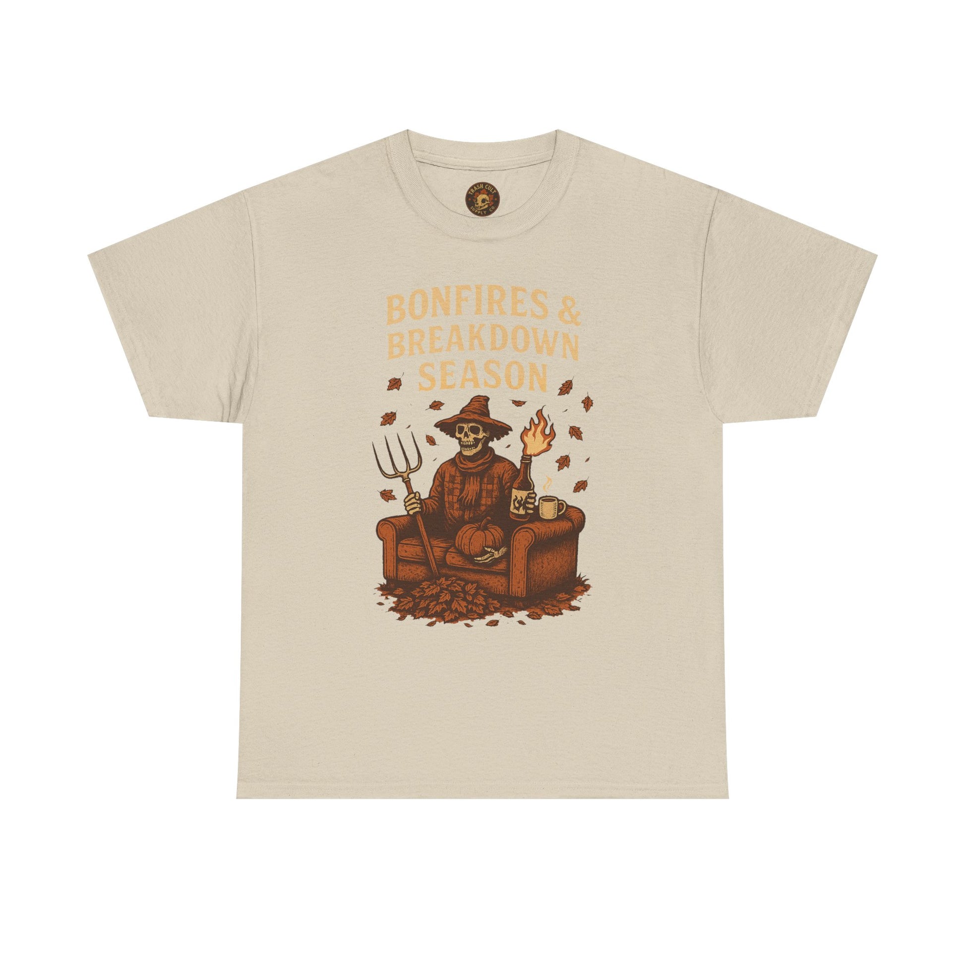 Bonfires & Breakdown Season Shirt – Skeleton Couch Chaos Tee – Fall of Humanity Collection – Trash Cult Supply Co.