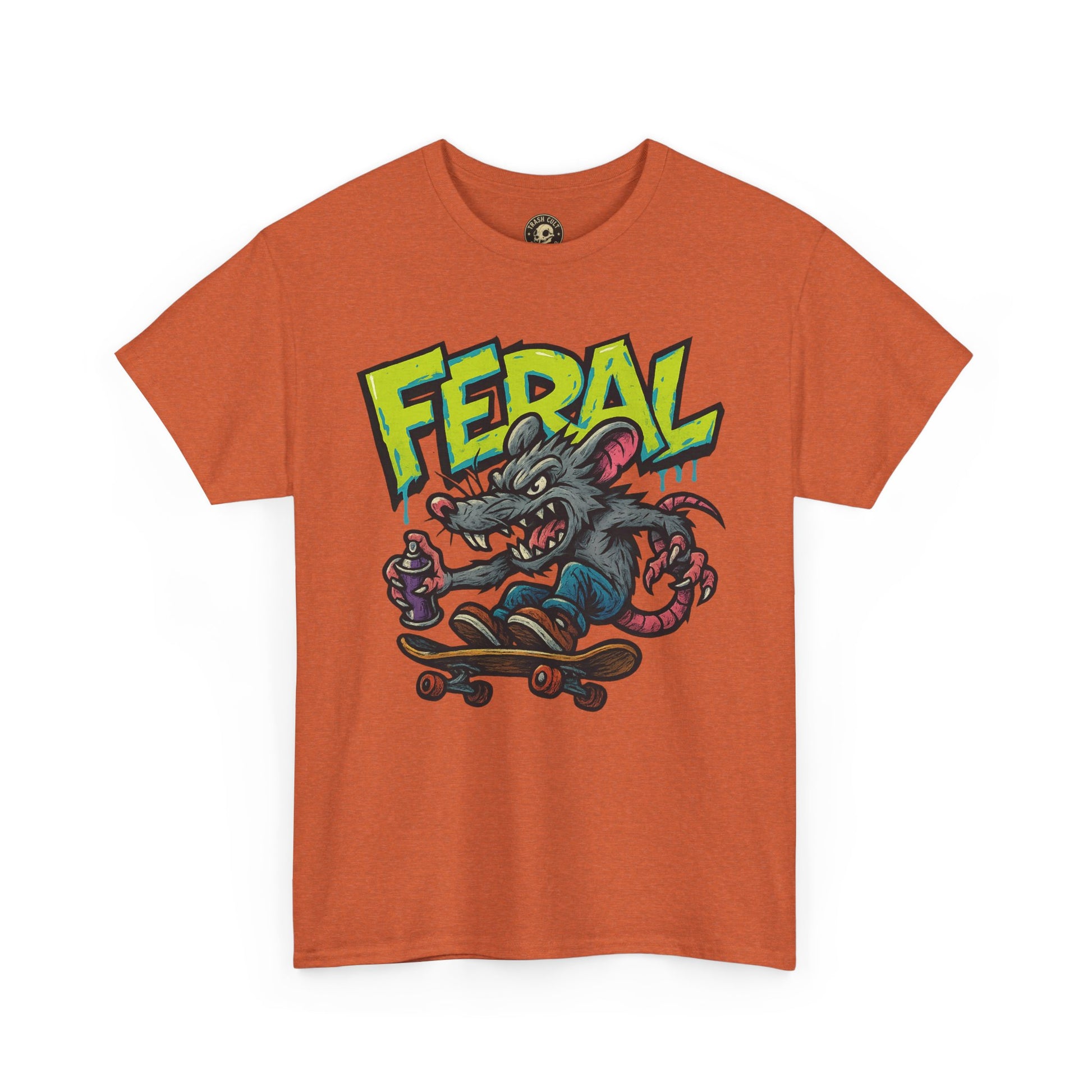 FERAL Graffiti Rat Skate Tee – Street Art Spray Can Mouse on Skateboard | Gildan 5000 Heavy Cotton Shirt