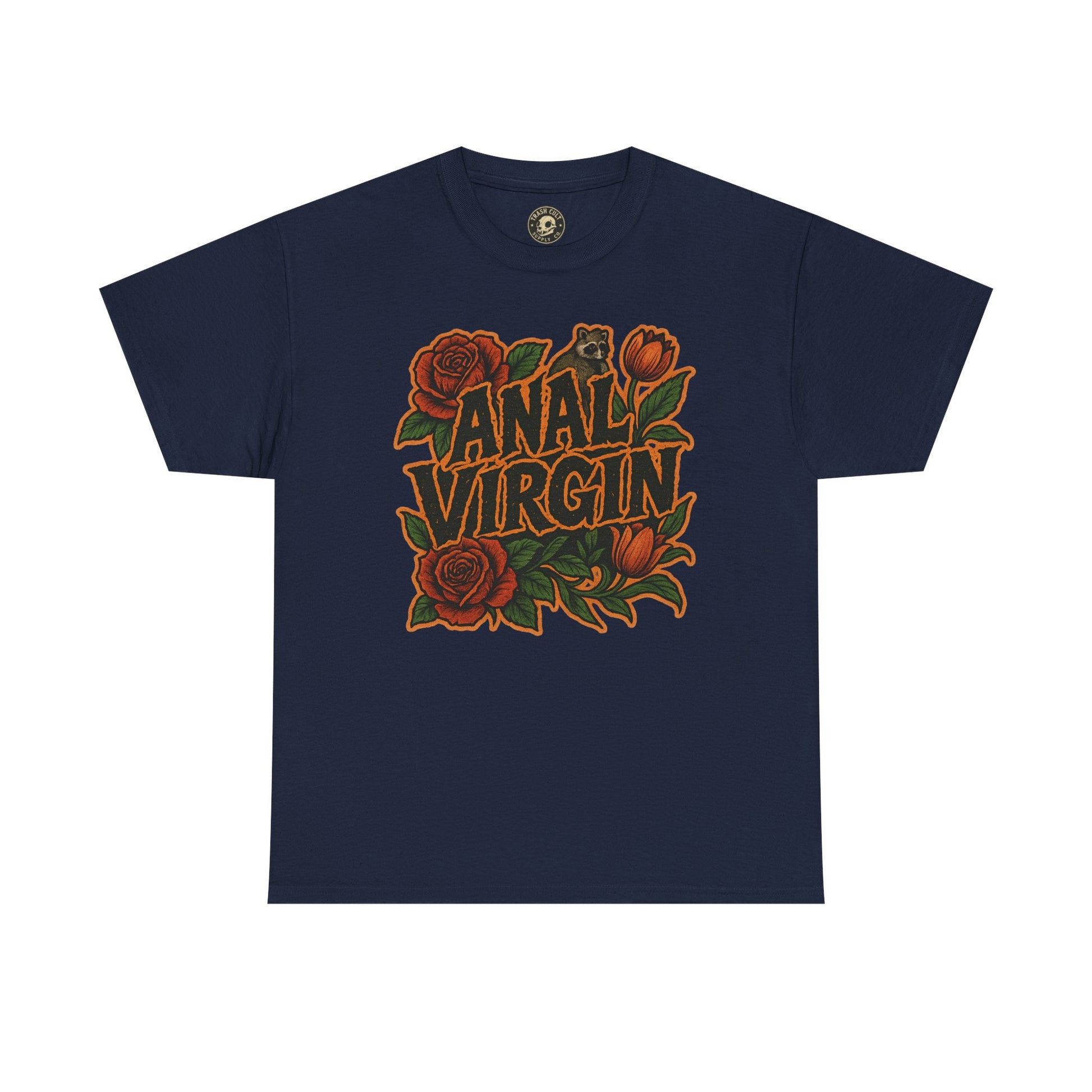 Anal Virgin Bold Floral Trashcore Tee – Funny Raccoon Shirt – Gildan 5000