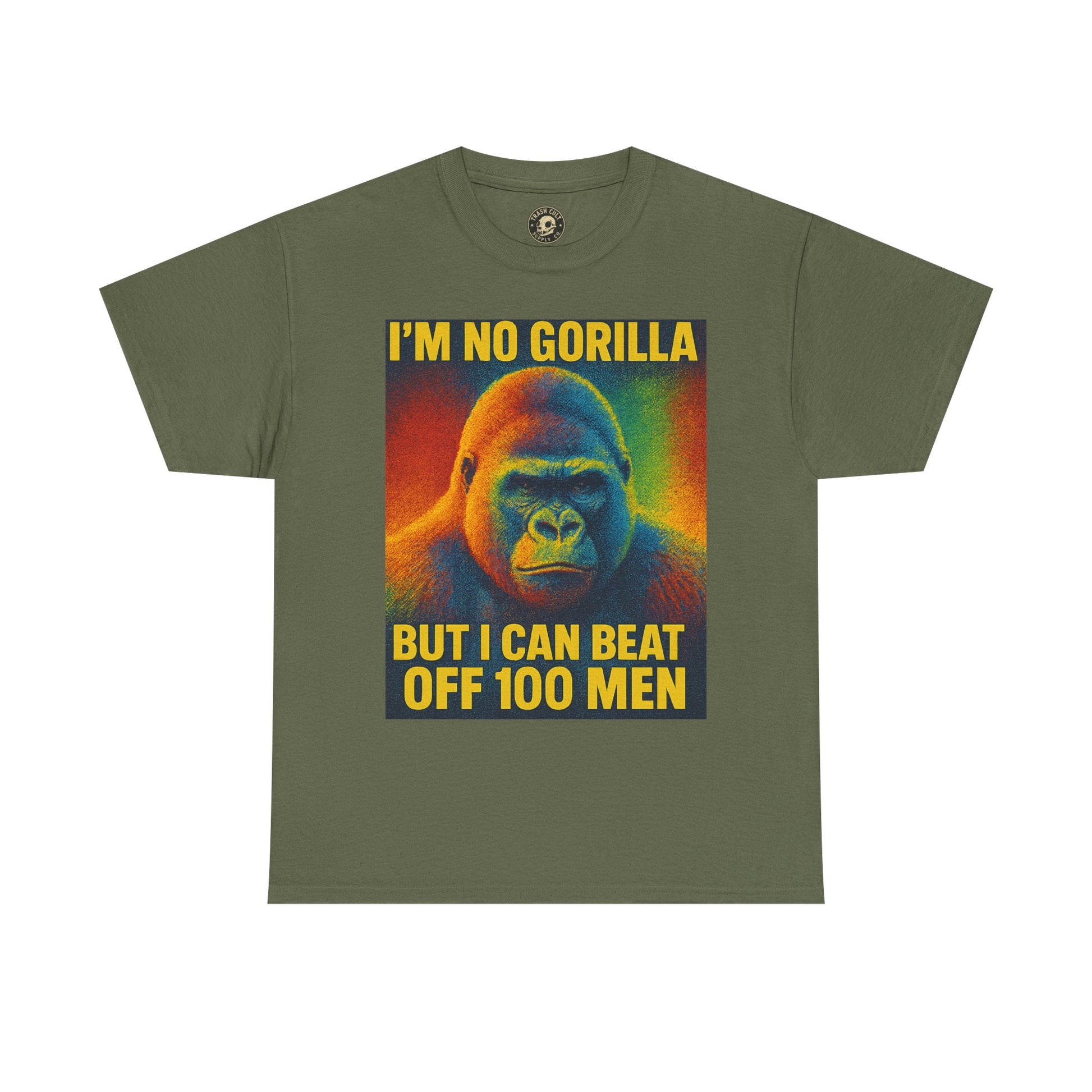 I’m No Gorilla But I Can Beat Off 100 Men Shirt – Multicolor Halftone Gorilla Tee on Gildan 5000