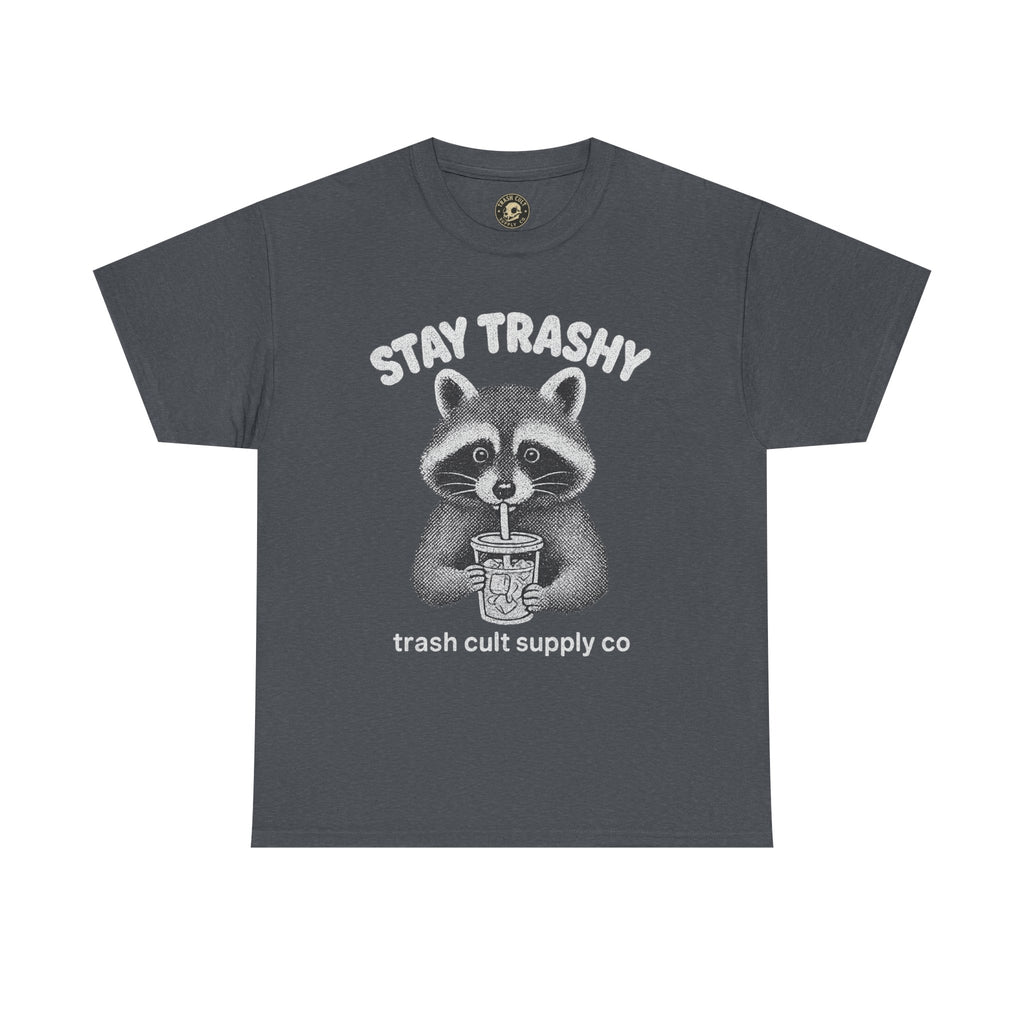 Stay Trashy Raccoon Iced Coffee Shirt – Halftone All White Design | Trash Cult Supply Co.