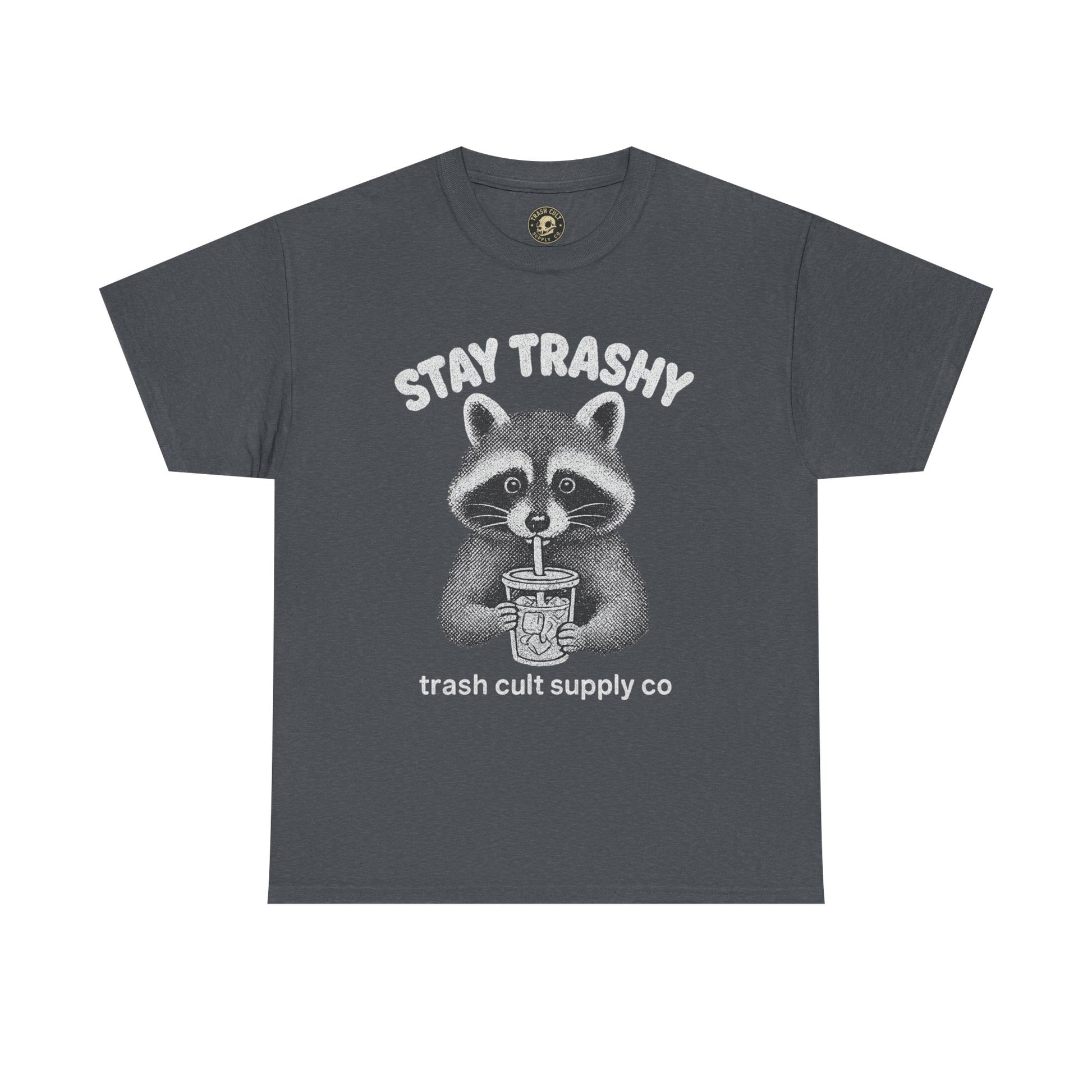 Stay Trashy Raccoon Iced Coffee Shirt – Halftone All White Design | Trash Cult Supply Co.
