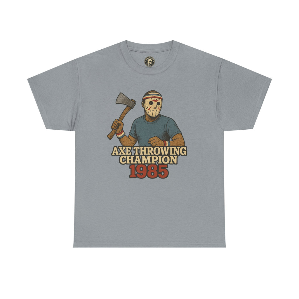 Jason Voorhees Axe Throwing Champion 1985 T-Shirt – Retro Slasher Workout Parody | Gildan 5000 Tee