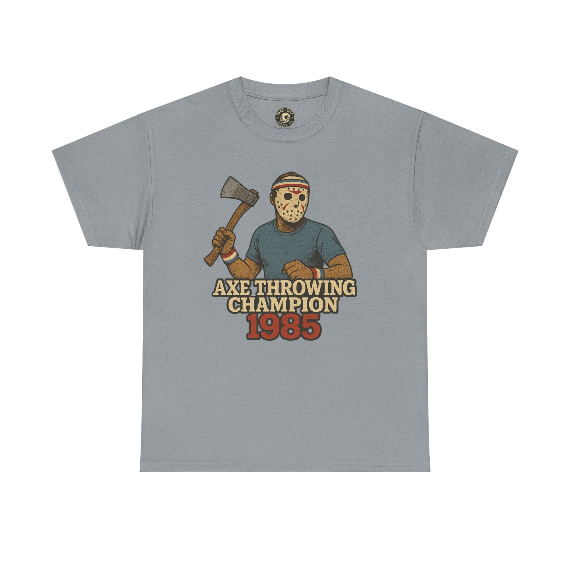 Jason Voorhees Axe Throwing Champion 1985 T-Shirt – Retro Slasher Workout Parody | Gildan 5000 Tee