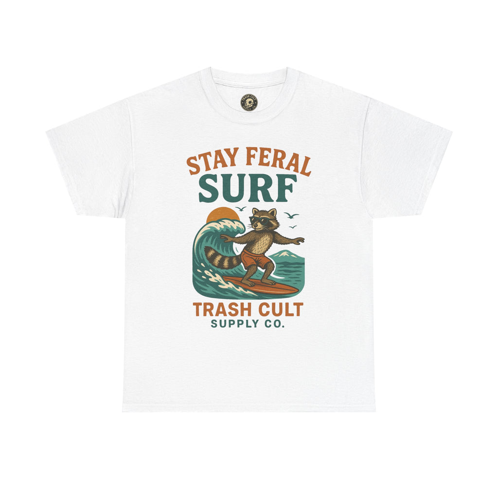 Stay Feral Surf Shirt – Retro Raccoon Beach Tee – Trash Cult Supply Co – Gildan 5000