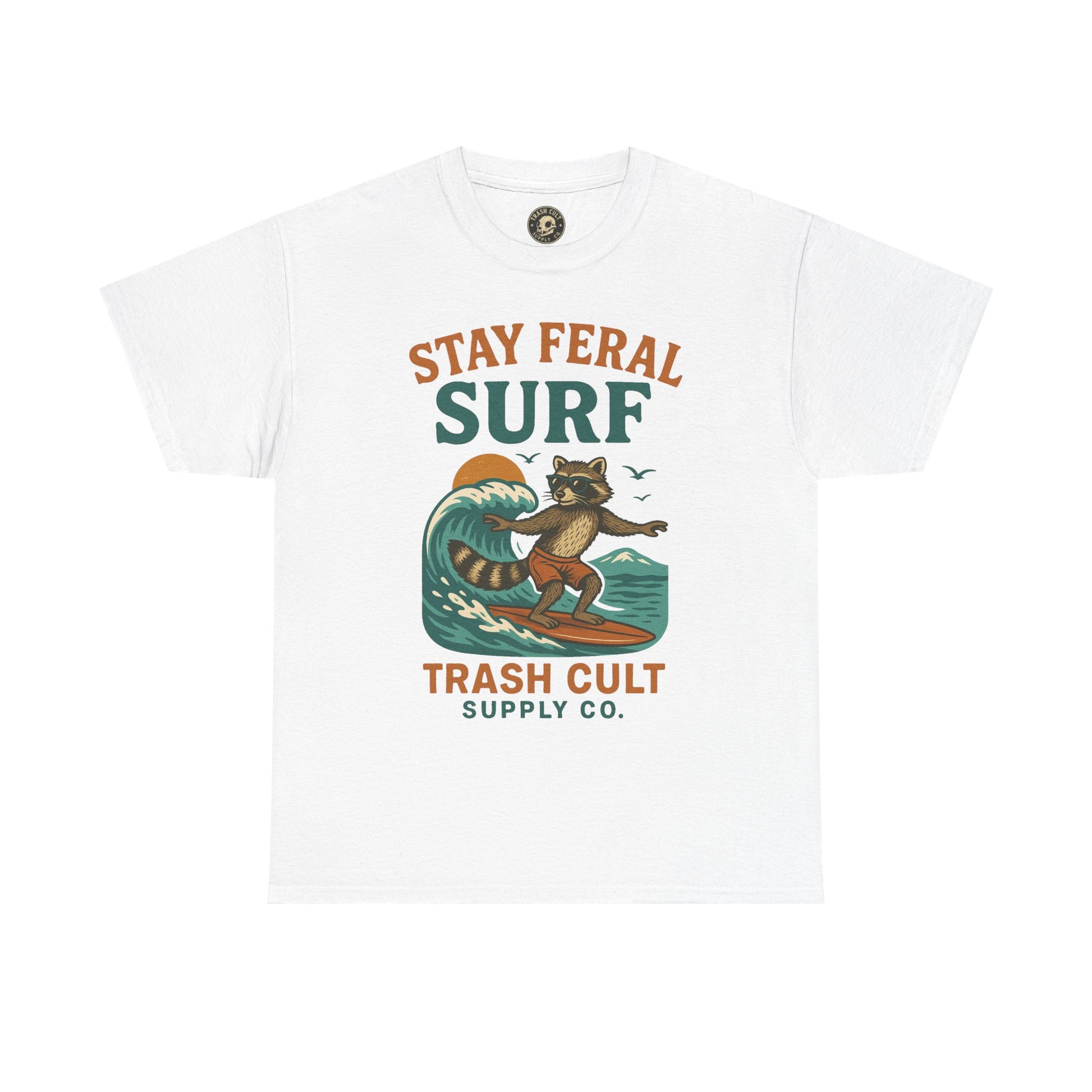 Stay Feral Surf Shirt – Retro Raccoon Beach Tee – Trash Cult Supply Co – Gildan 5000