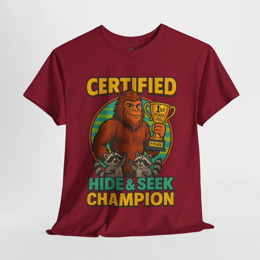 Certified Hide & Seek Champion Bigfoot T-Shirt – Funny Cryptid Shirt – Raccoon Forest Meme Tee – Gildan 5000