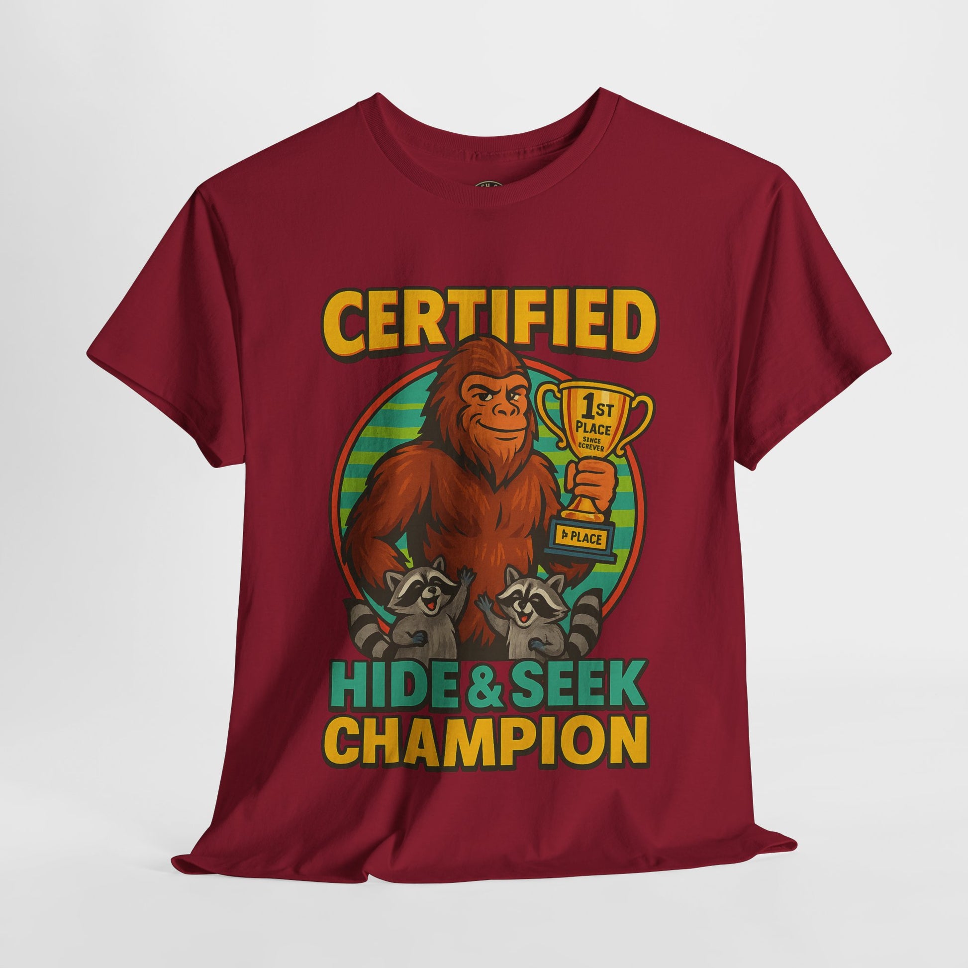 Certified Hide & Seek Champion Bigfoot T-Shirt – Funny Cryptid Shirt – Raccoon Forest Meme Tee – Gildan 5000