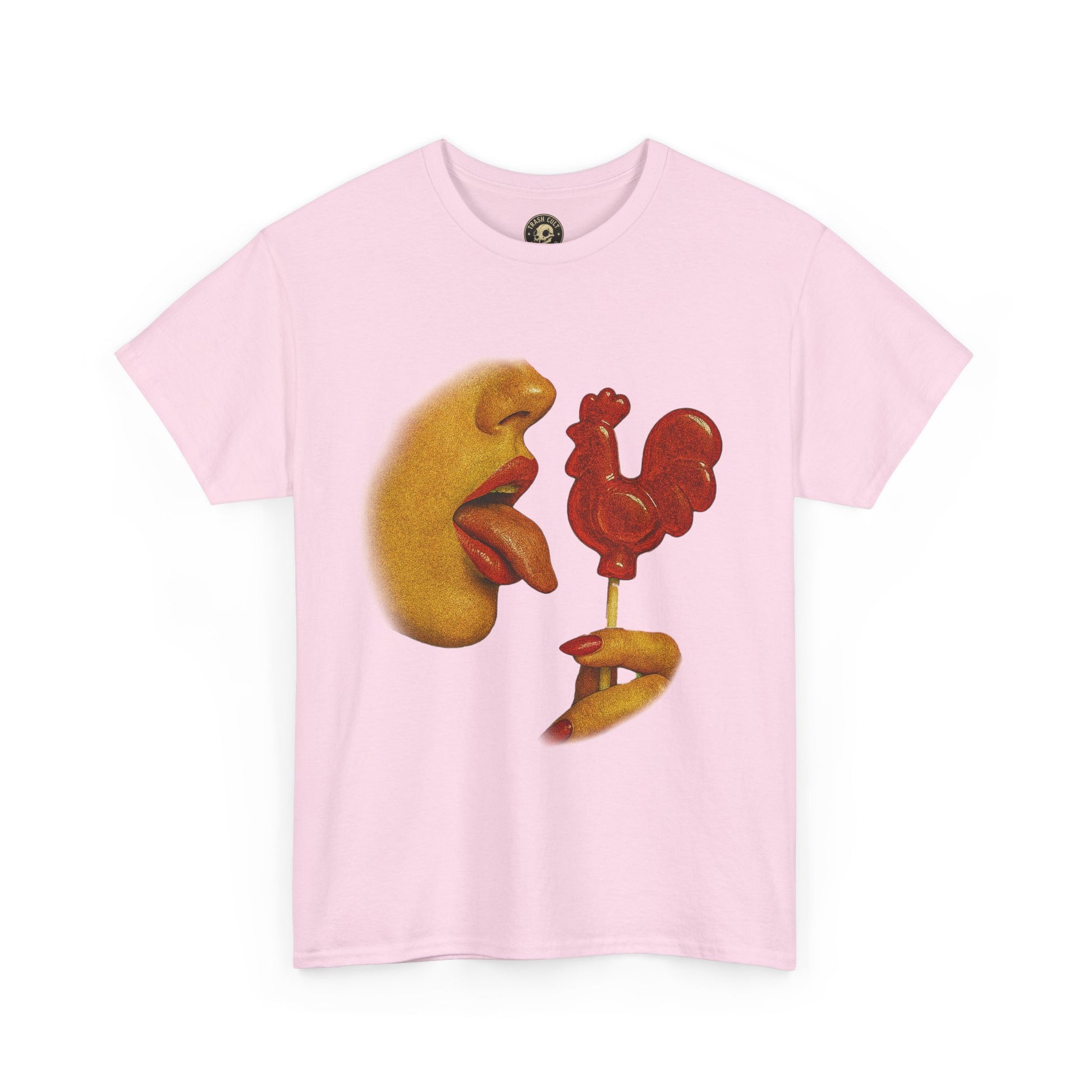 Bold Retro Halftone Tease – Red Rooster Lollipop Graphic Tee