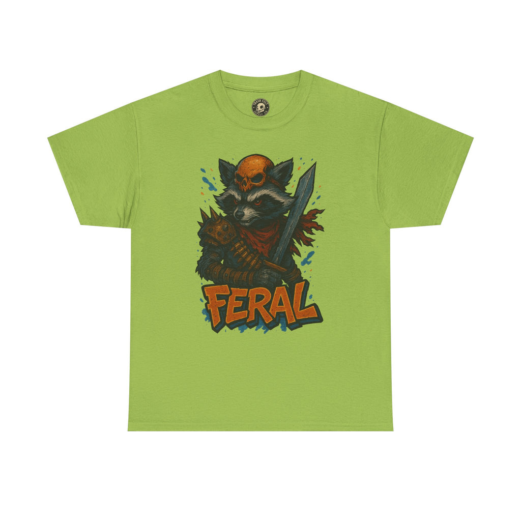FERAL Raccoon Warlord Shirt – Graffiti Street Art Animal Tee | Bold Post-Apocalyptic Design on Gildan 5000