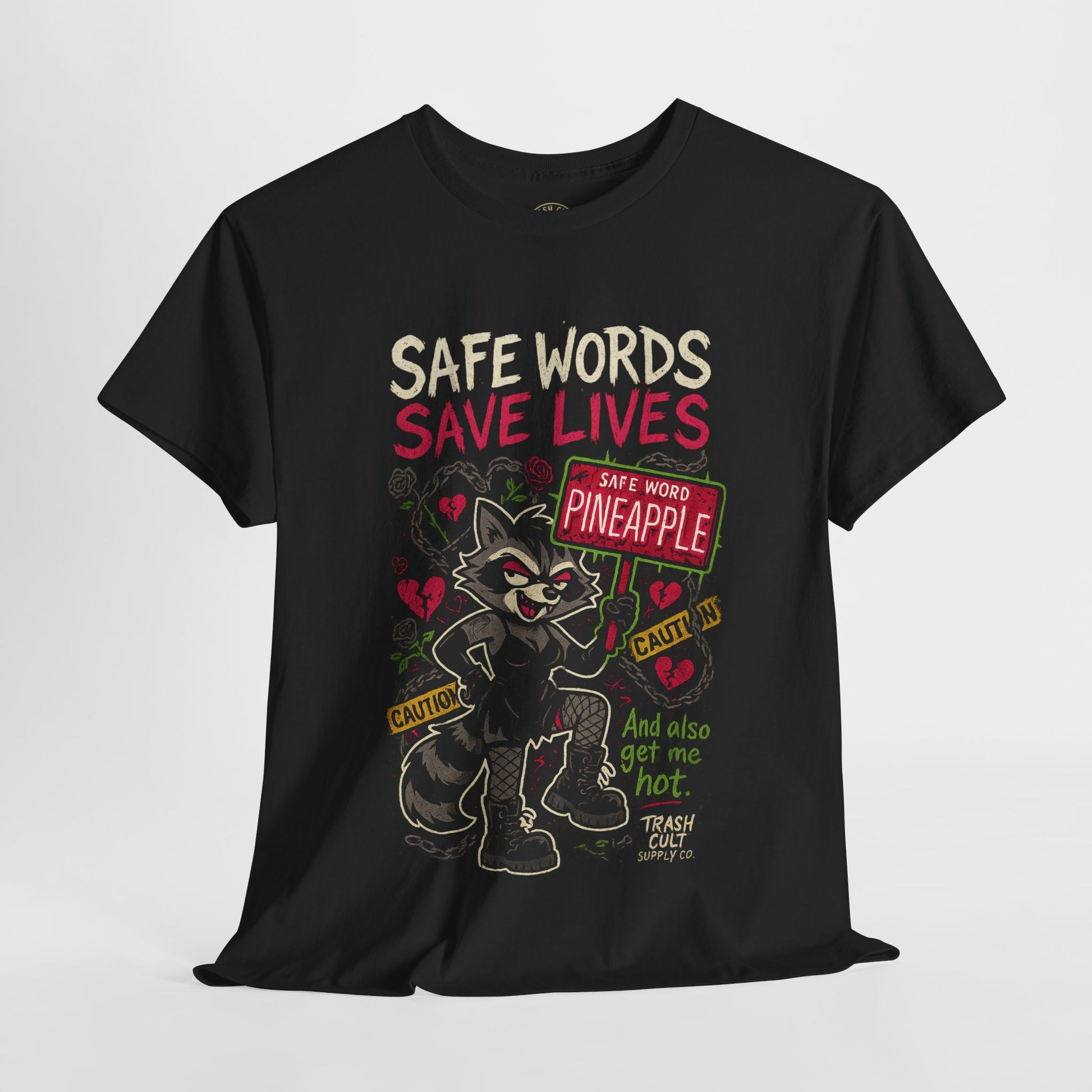 Safe Words Save Lives Tee – Trashcore BDSM Humor Shirt, Pineapple Consent Raccoon Graphic – Gildan 5000 Unisex Heavy Cotton