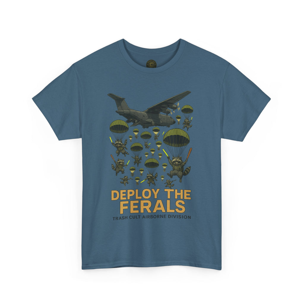 Deploy the Ferals T-Shirt – Airborne Raccoon Drop Graphic | Trash Cult Supply Co. | Gildan 5000 Heavy Cotton Tee