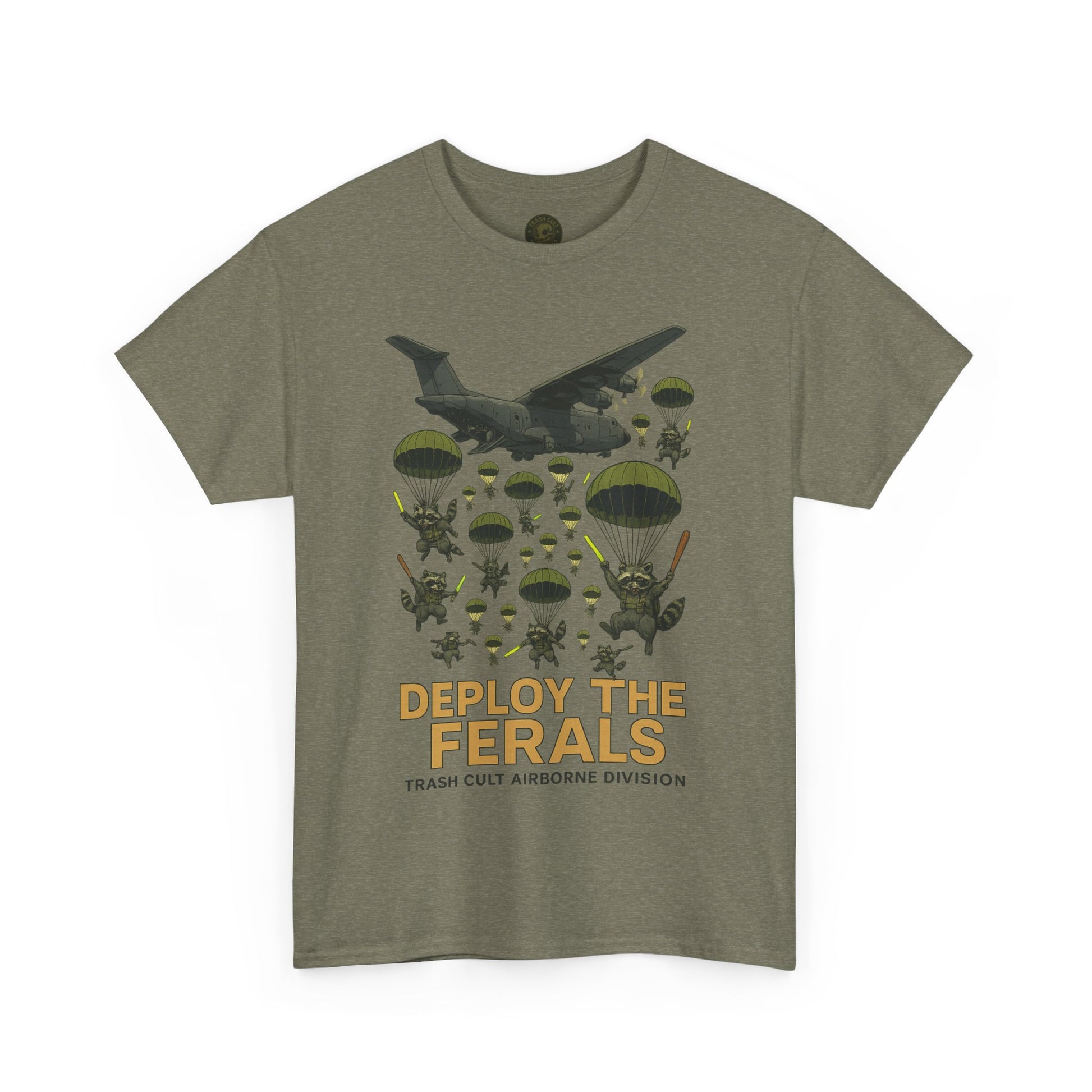 Deploy the Ferals T-Shirt – Airborne Raccoon Drop Graphic | Trash Cult Supply Co. | Gildan 5000 Heavy Cotton Tee