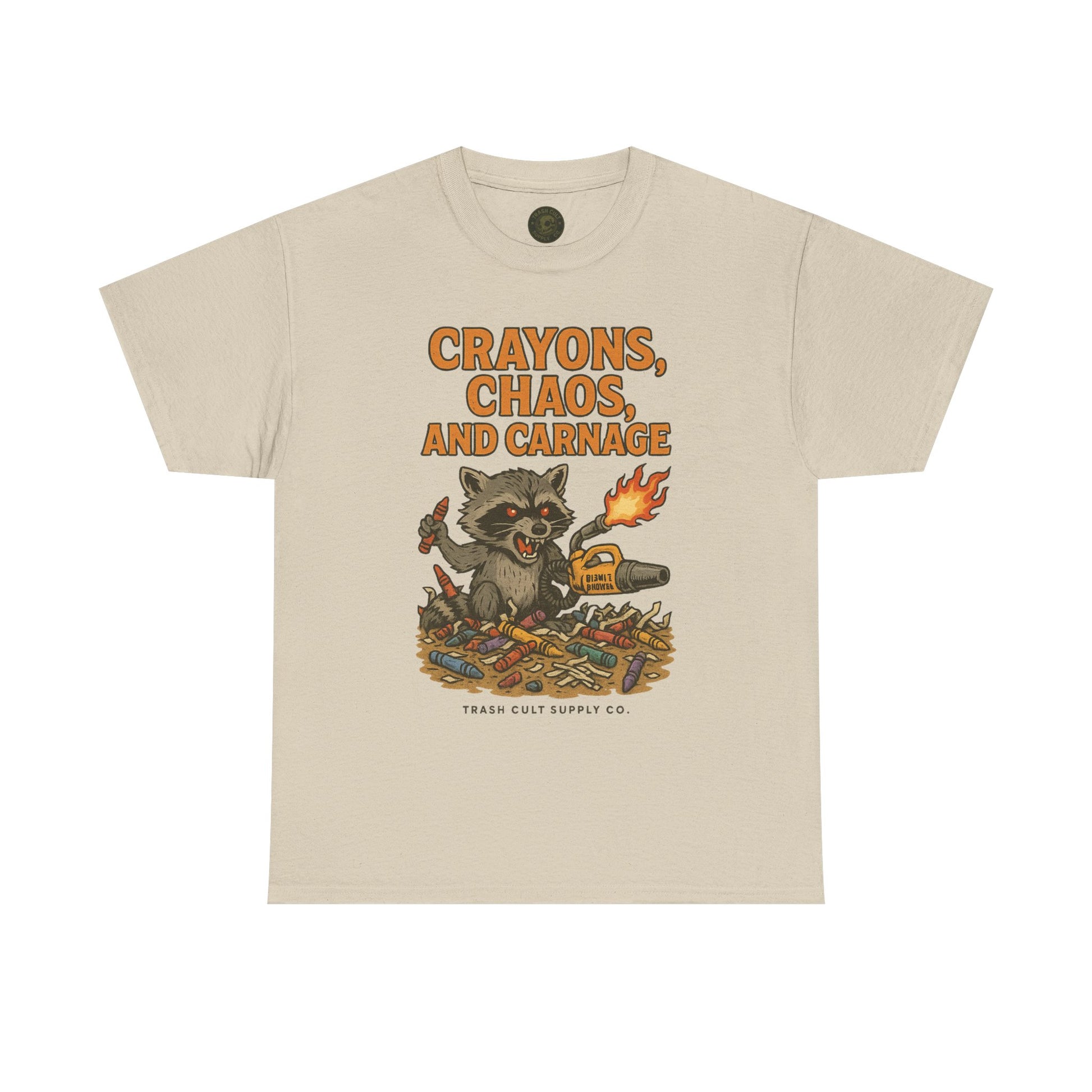 Crayons, Chaos, and Carnage T-Shirt – Dark Humor Raccoon Graphic | Trash Cult Supply Co. | Gildan 5000 Tee