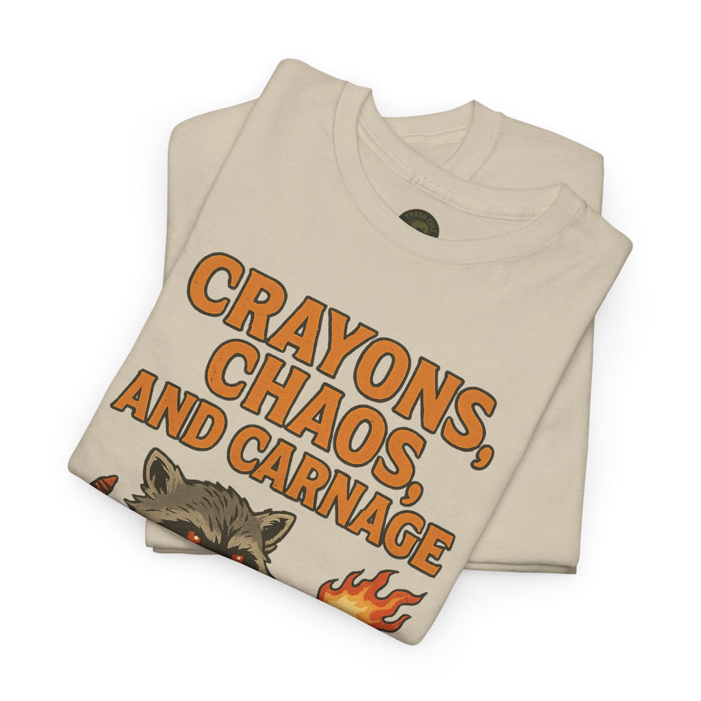 Crayons, Chaos, and Carnage T-Shirt – Dark Humor Raccoon Graphic | Trash Cult Supply Co. | Gildan 5000 Tee