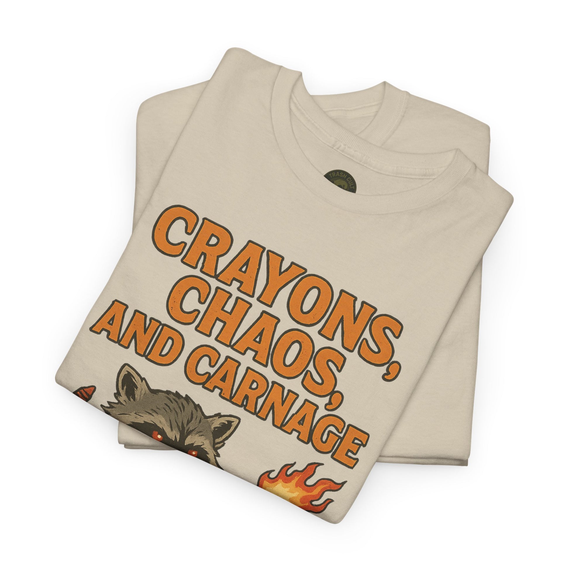 Crayons, Chaos, and Carnage T-Shirt – Dark Humor Raccoon Graphic | Trash Cult Supply Co. | Gildan 5000 Tee