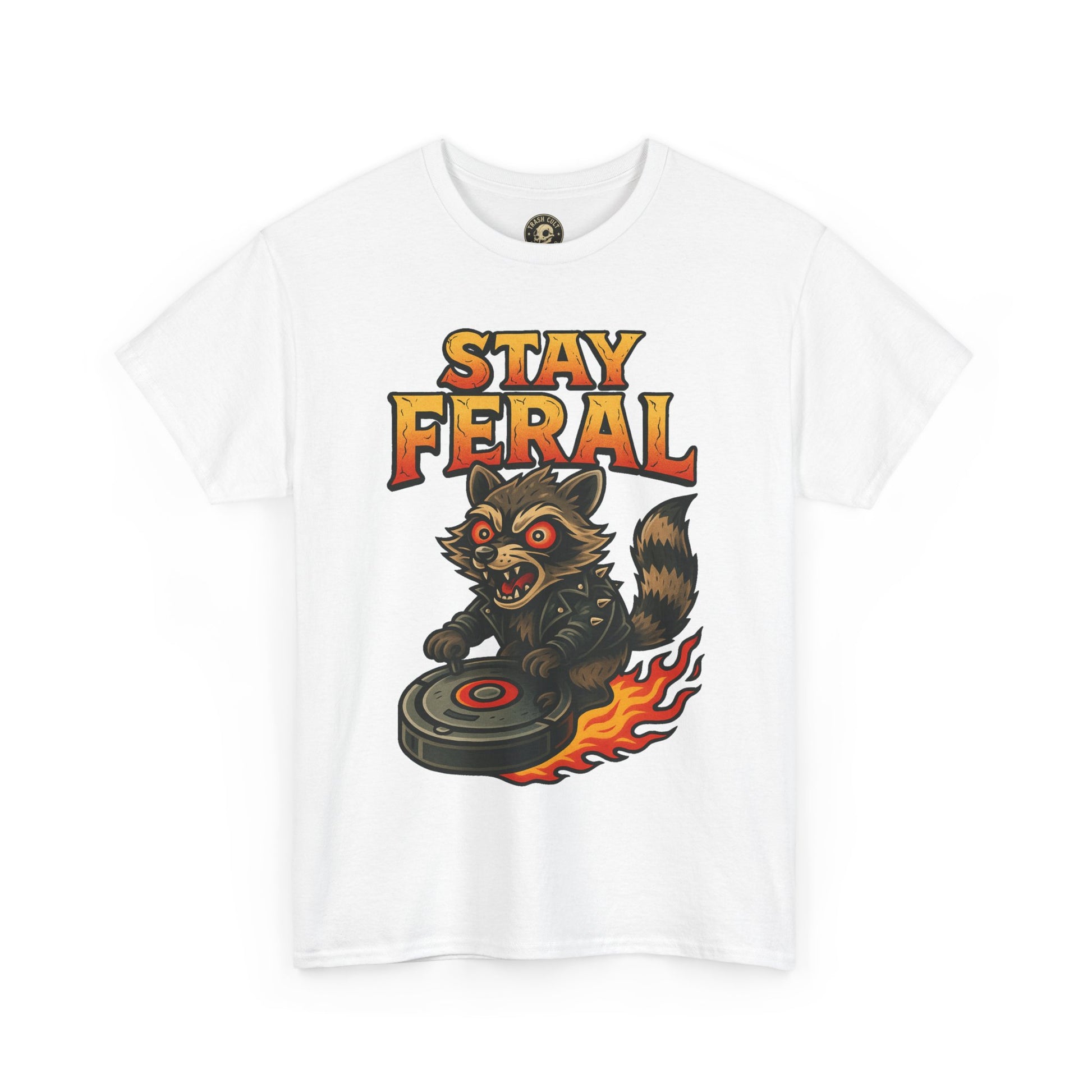 Stay Feral Roomba Raccoon T-Shirt – Bold New School Tattoo Style | Trash Cult Supply Co