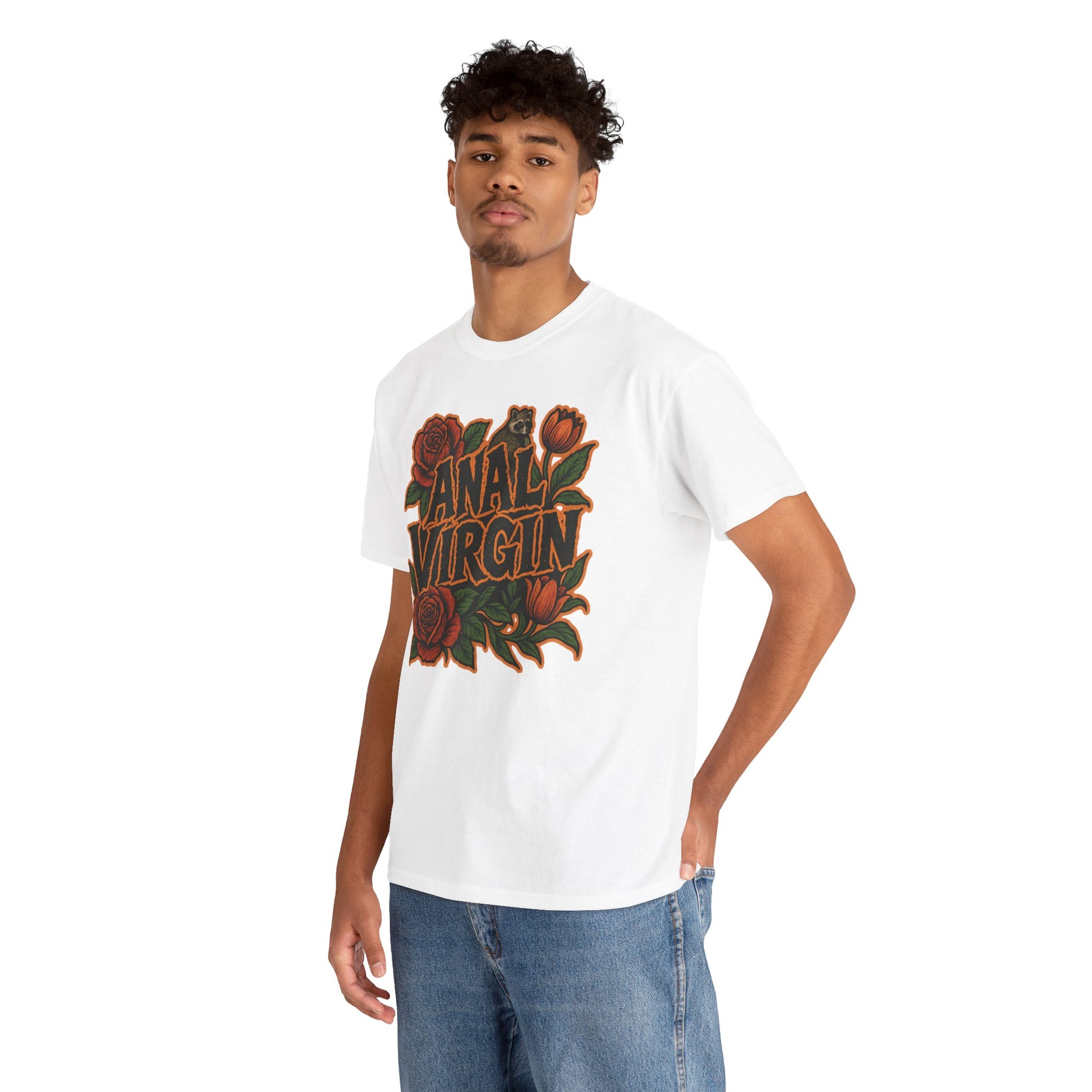 Anal Virgin Bold Floral Trashcore Tee – Funny Raccoon Shirt – Gildan 5000