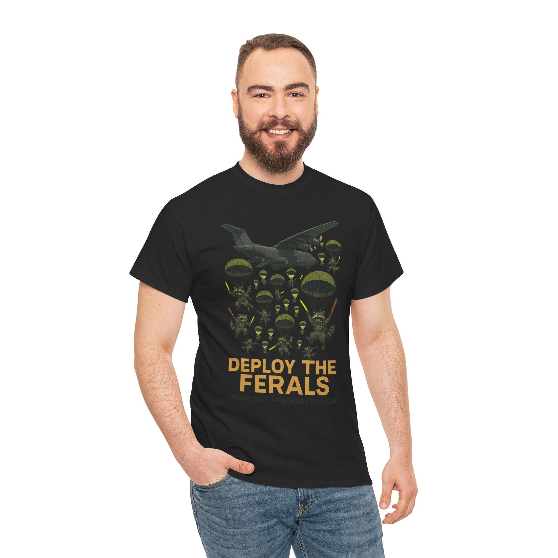 Deploy the Ferals T-Shirt – Airborne Raccoon Drop Graphic | Trash Cult Supply Co. | Gildan 5000 Heavy Cotton Tee