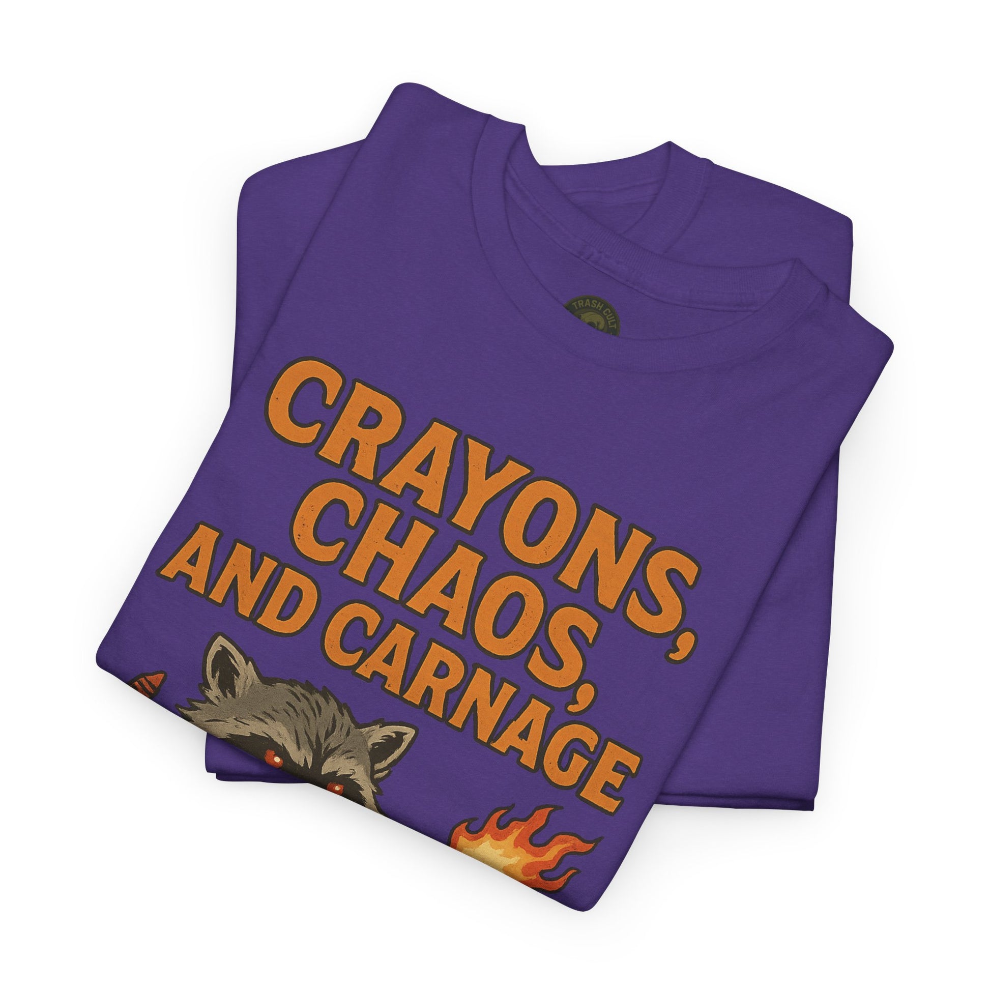 Crayons, Chaos, and Carnage T-Shirt – Dark Humor Raccoon Graphic | Trash Cult Supply Co. | Gildan 5000 Tee