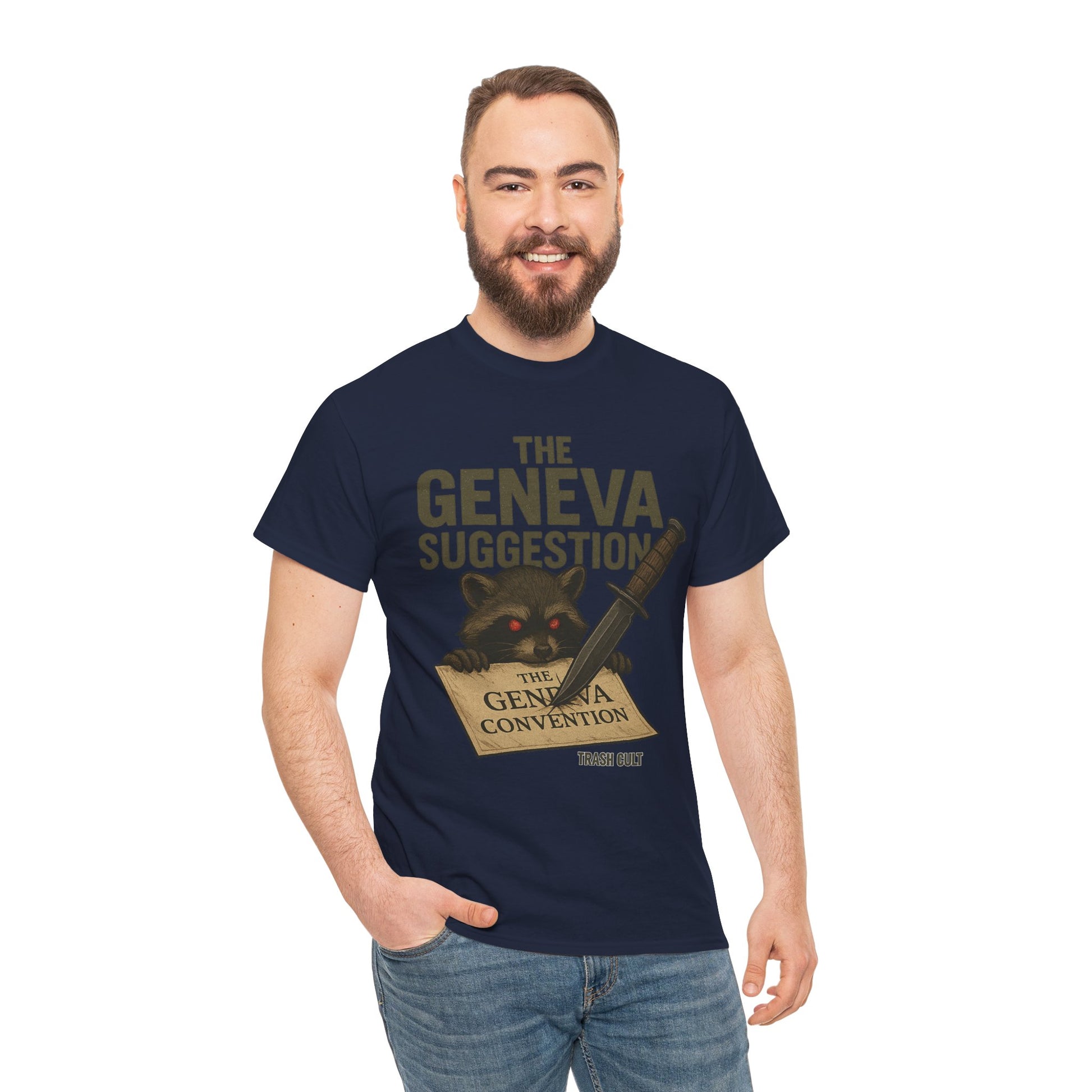 The Geneva Suggestion T-Shirt – Tactical Raccoon Dark Humor Tee | Trash Cult Supply Co. | Gildan 5000