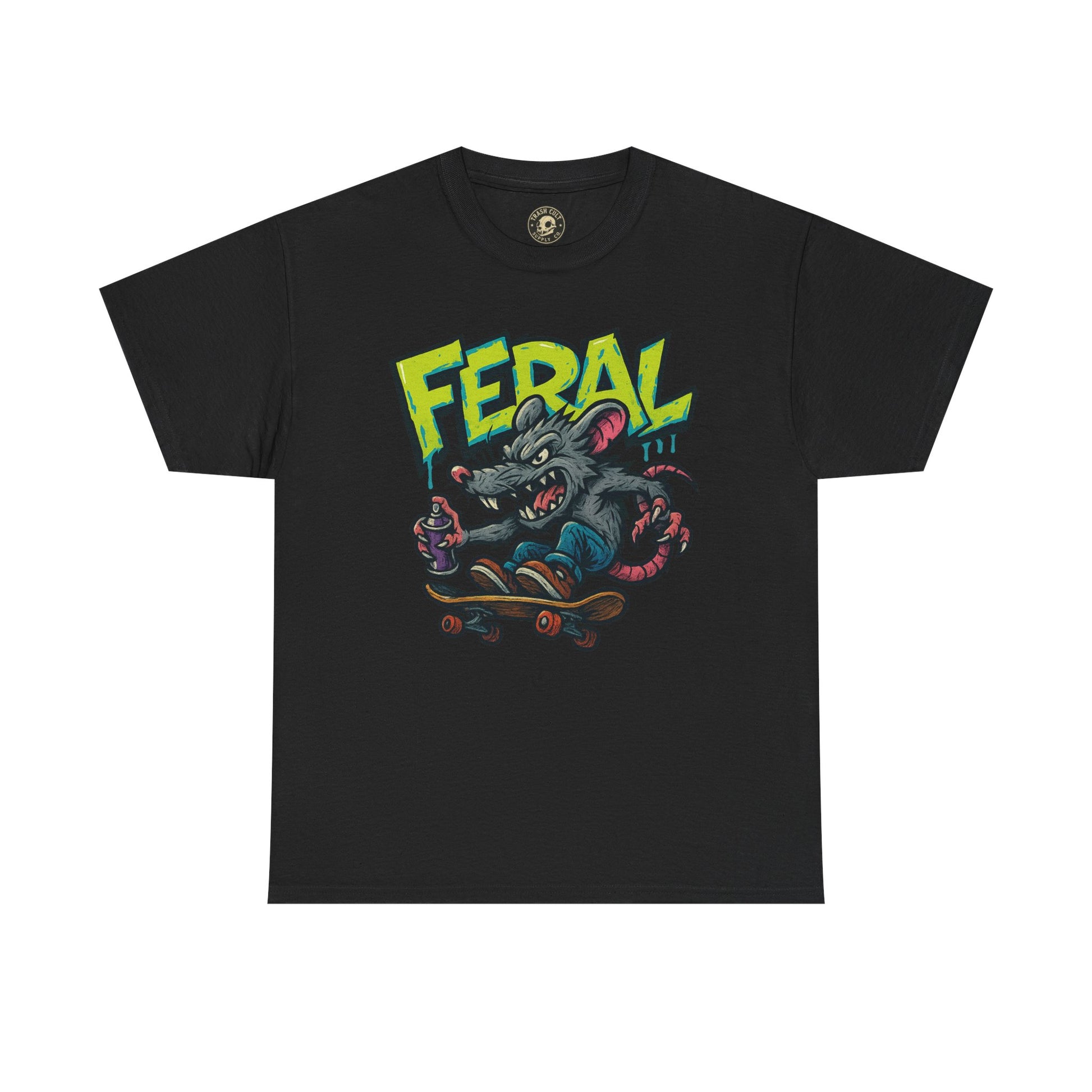 FERAL Graffiti Rat Skate Tee – Street Art Spray Can Mouse on Skateboard | Gildan 5000 Heavy Cotton Shirt