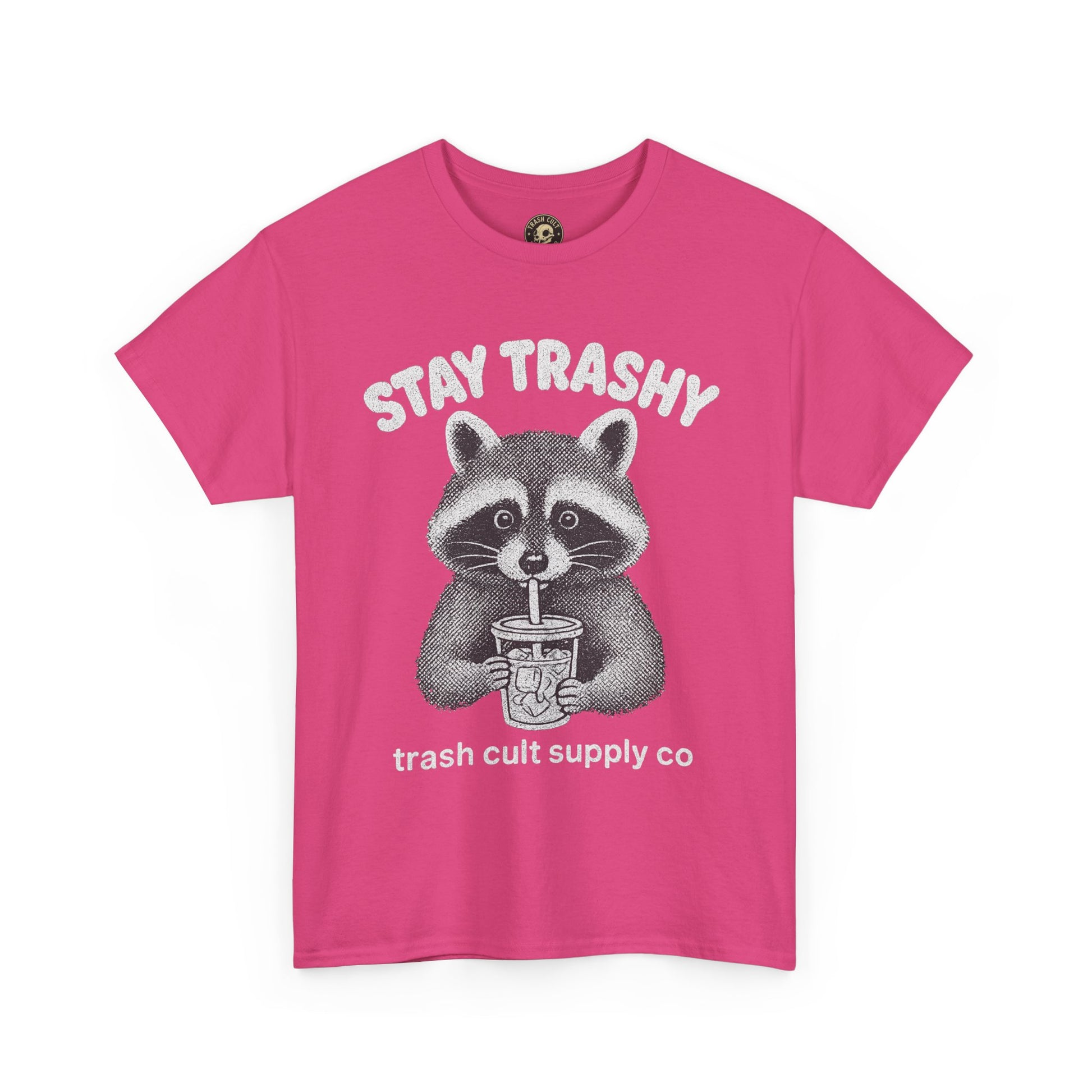 Stay Trashy Raccoon Iced Coffee Shirt – Halftone All White Design | Trash Cult Supply Co.