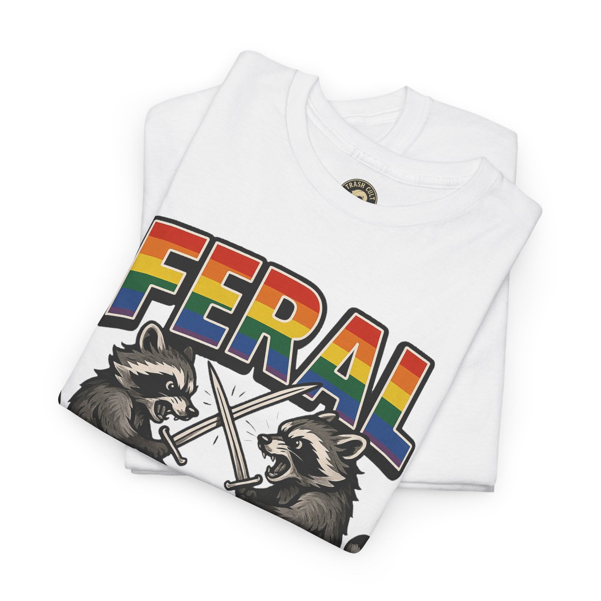 FERAL Rainbow Raccoon Sword Fighting Graphic Tee – Gildan 5000 Heavy Cotton