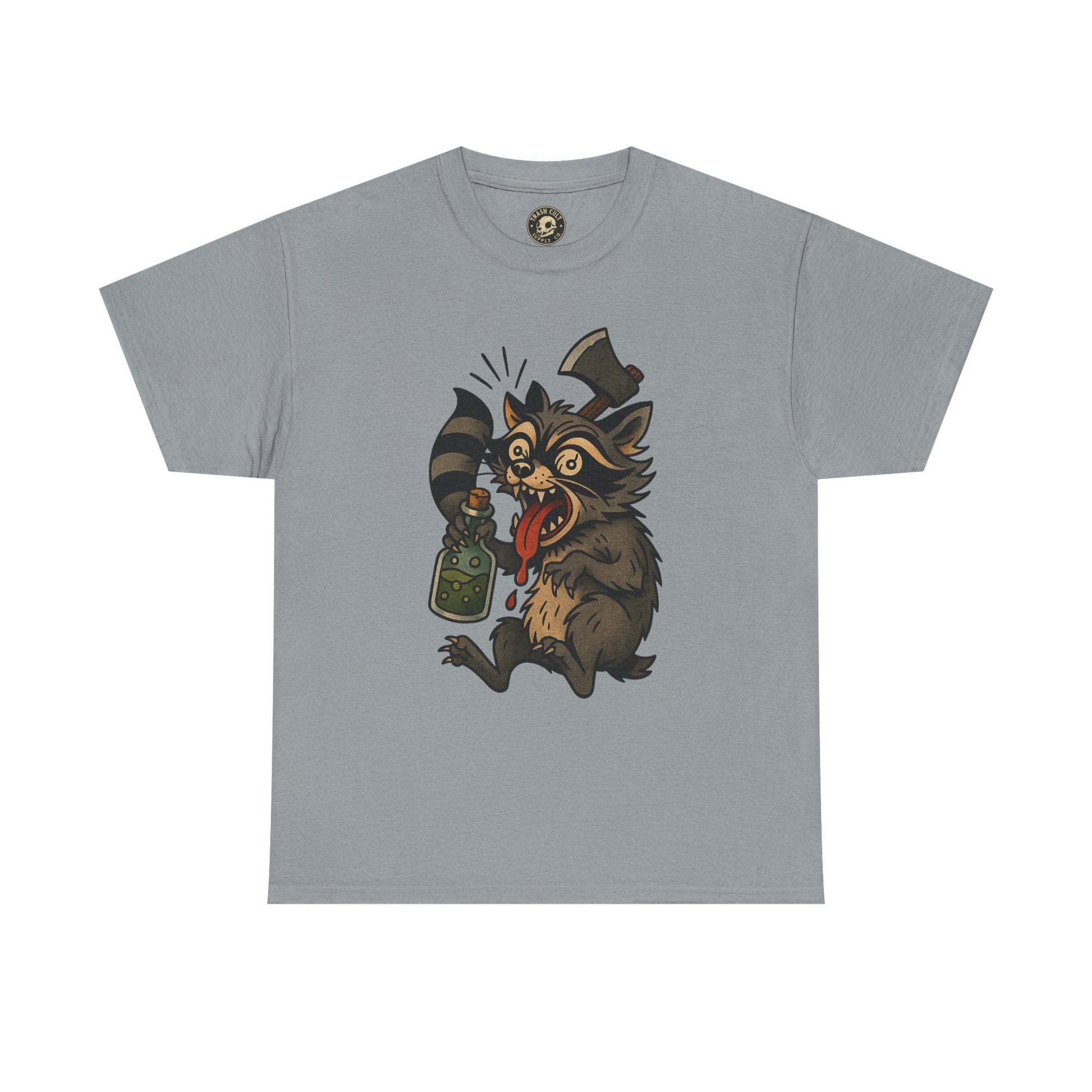 Unhinged Raccoon Shirt – Chaos Gremlin with Axe & Potion | Tattoo Style Tee