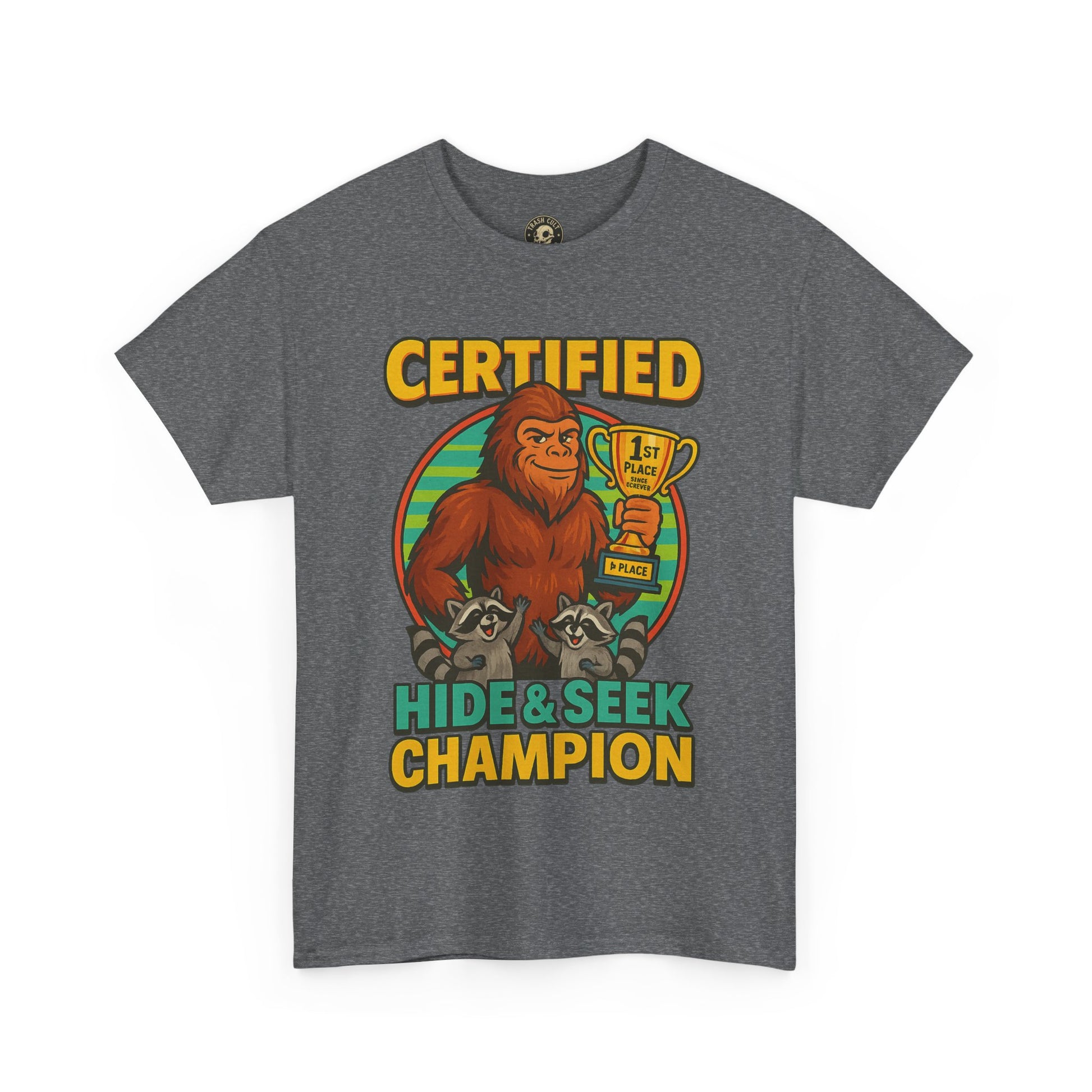 Certified Hide & Seek Champion Bigfoot T-Shirt – Funny Cryptid Shirt – Raccoon Forest Meme Tee – Gildan 5000