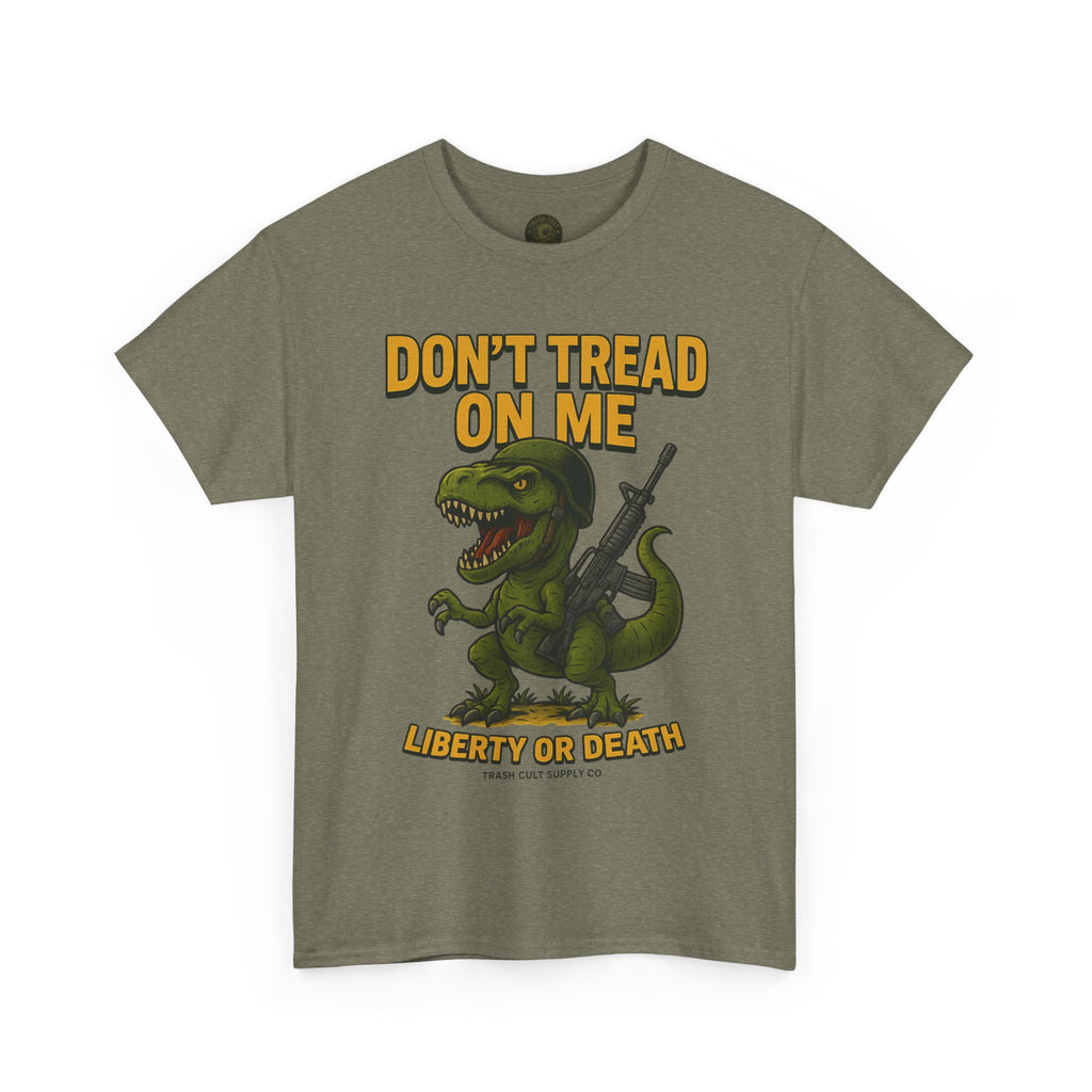 Don’t Tread On Me T-Rex T-Shirt – Liberty or Death Graphic | Trash Cult Supply Co. | Gildan 5000 Heavy Cotton