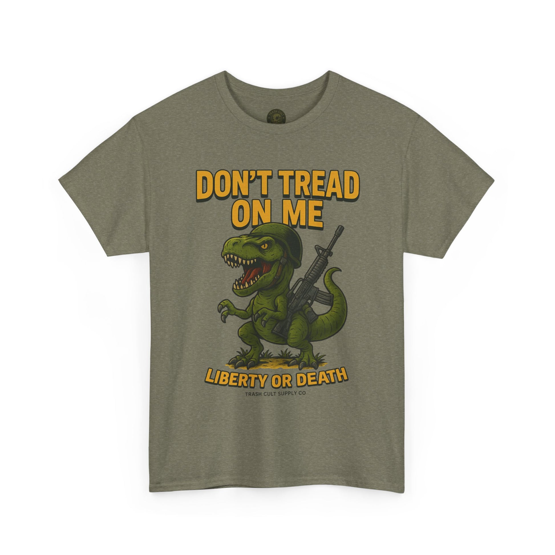 Don’t Tread On Me T-Rex T-Shirt – Liberty or Death Graphic | Trash Cult Supply Co. | Gildan 5000 Heavy Cotton