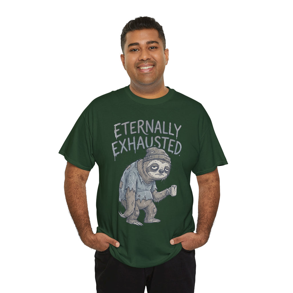T-Shirt — 'Eternally Exhausted' Sloth Graphic Tee (Funny Coffee Lover Gift)