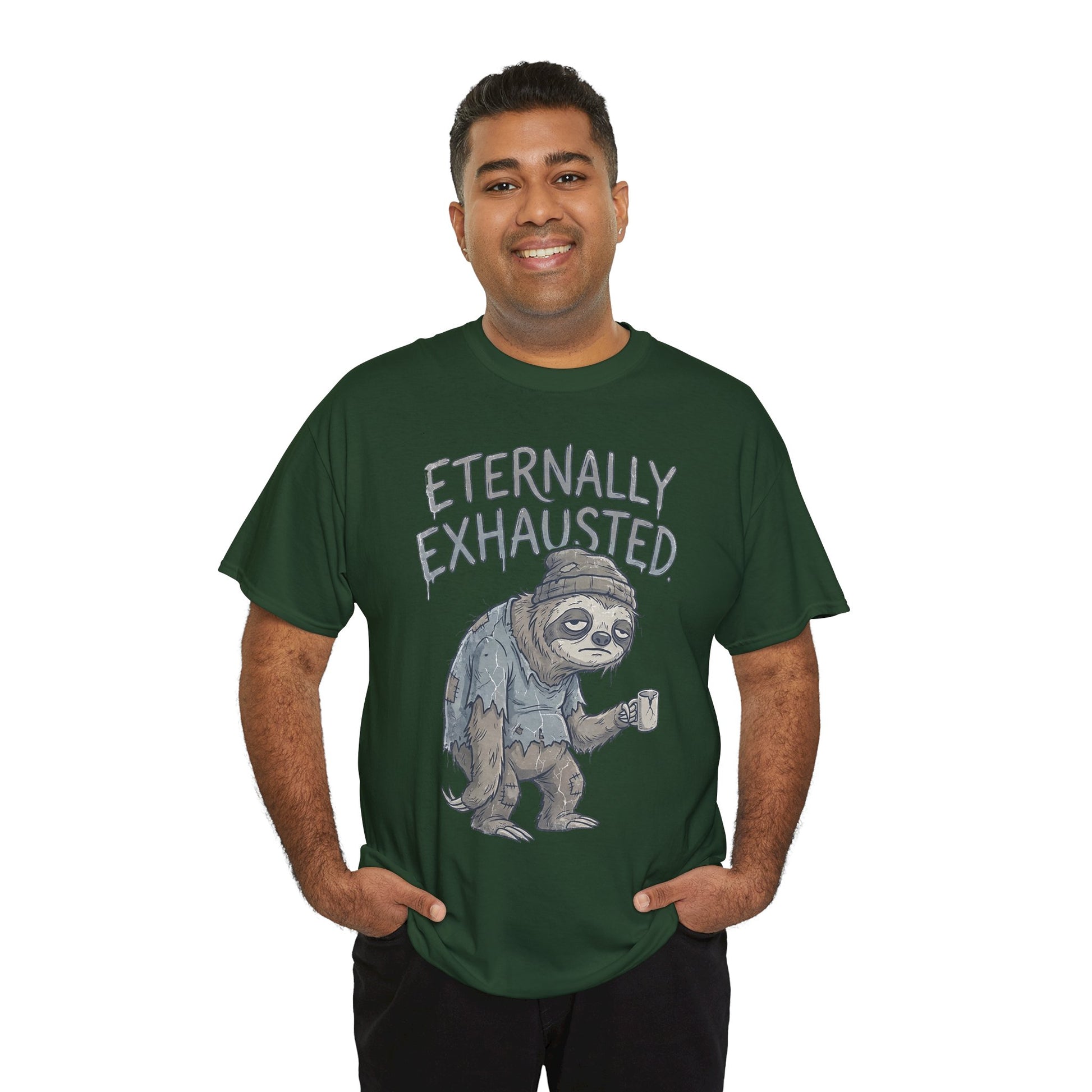 T-Shirt — 'Eternally Exhausted' Sloth Graphic Tee (Funny Coffee Lover Gift)