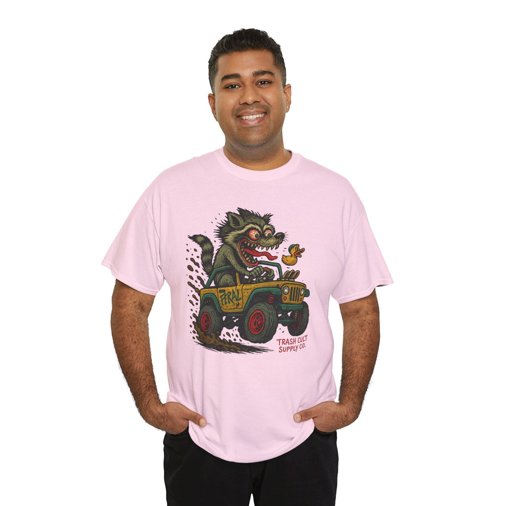 Feral Jeep Raccoon Shirt – Ed Roth Style Off-Road Chaos | Trash Cult Supply Co | Gildan 5000 Tee