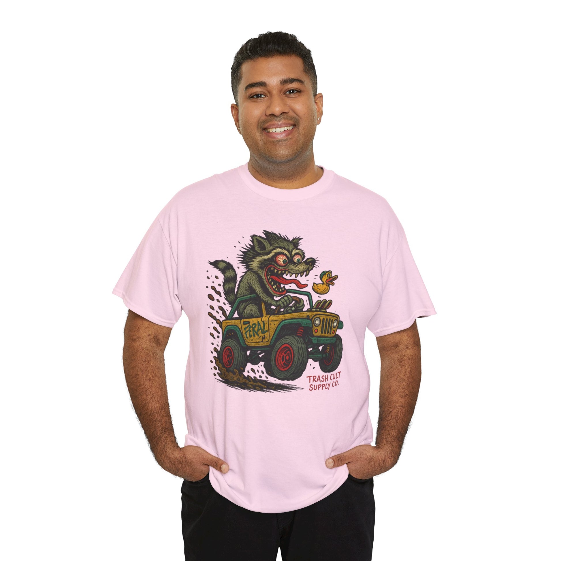 Feral Jeep Raccoon Shirt – Ed Roth Style Off-Road Chaos | Trash Cult Supply Co | Gildan 5000 Tee